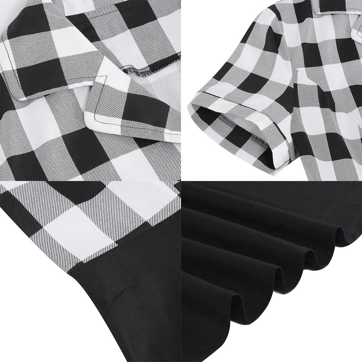 imageIDOPIP Women 50s Vintage Cocktail Party Swing Dress Audrey Hepburn Halloween Costume Elegant Short Sleeve Button Pinup DressBlack Plaid