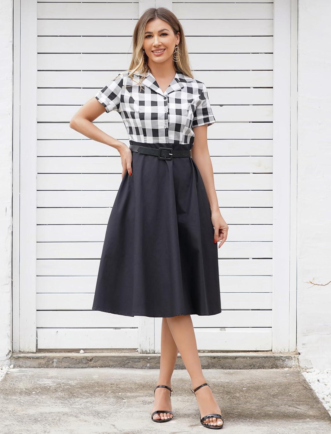 imageIDOPIP Women 50s Vintage Cocktail Party Swing Dress Audrey Hepburn Halloween Costume Elegant Short Sleeve Button Pinup DressBlack Plaid