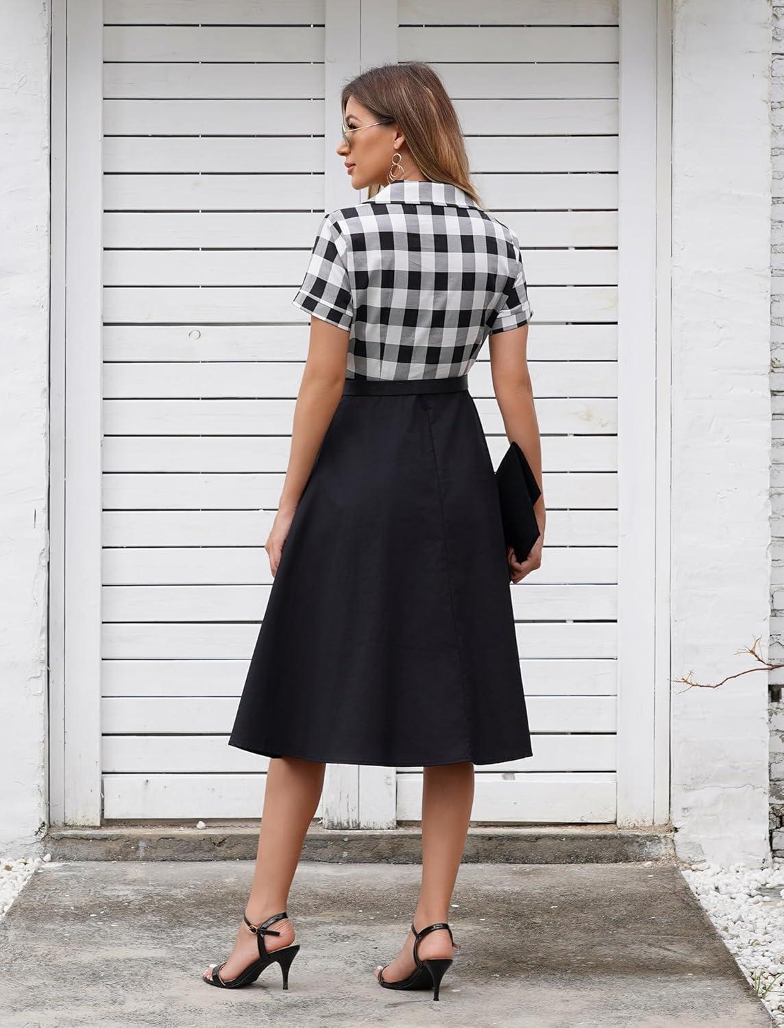 imageIDOPIP Women 50s Vintage Cocktail Party Swing Dress Audrey Hepburn Halloween Costume Elegant Short Sleeve Button Pinup DressBlack Plaid