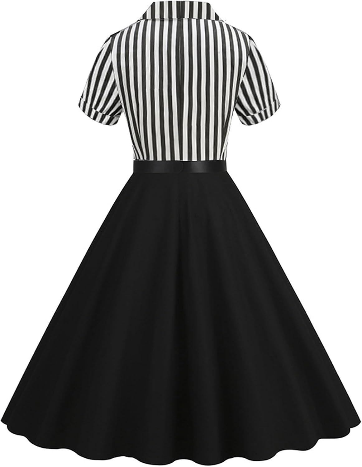 imageIDOPIP Women 50s Vintage Cocktail Party Swing Dress Audrey Hepburn Halloween Costume Elegant Short Sleeve Button Pinup DressBlack and White Striped