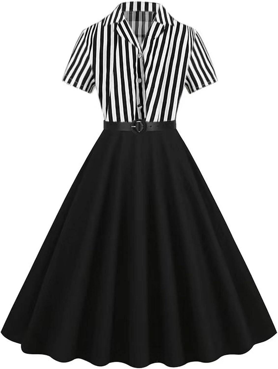 imageIDOPIP Women 50s Vintage Cocktail Party Swing Dress Audrey Hepburn Halloween Costume Elegant Short Sleeve Button Pinup DressBlack and White Striped