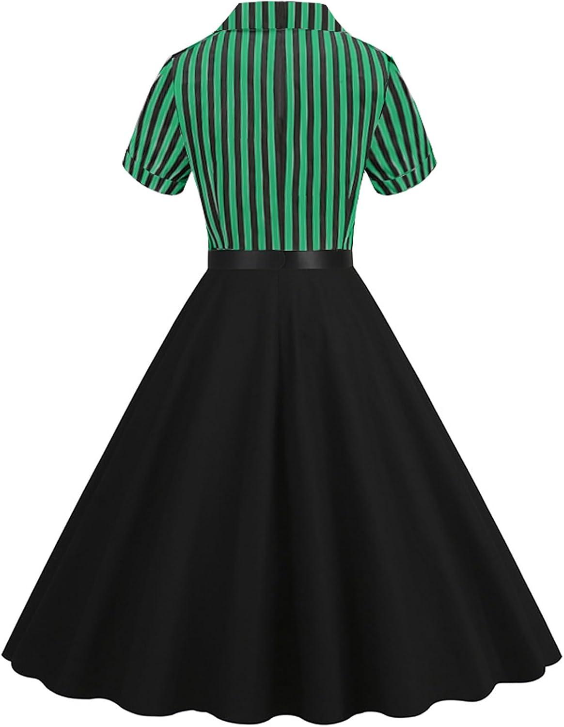 imageIDOPIP Women 50s Vintage Cocktail Party Swing Dress Audrey Hepburn Halloween Costume Elegant Short Sleeve Button Pinup DressGreen Striped