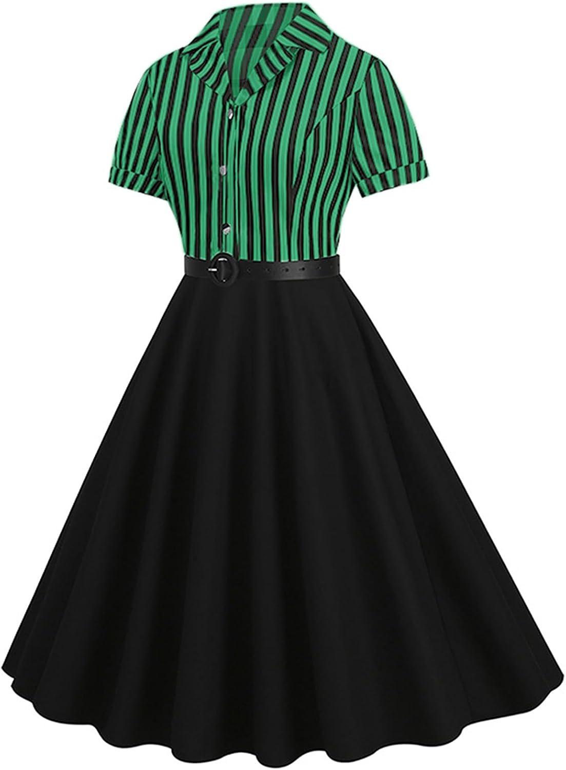 imageIDOPIP Women 50s Vintage Cocktail Party Swing Dress Audrey Hepburn Halloween Costume Elegant Short Sleeve Button Pinup DressGreen Striped