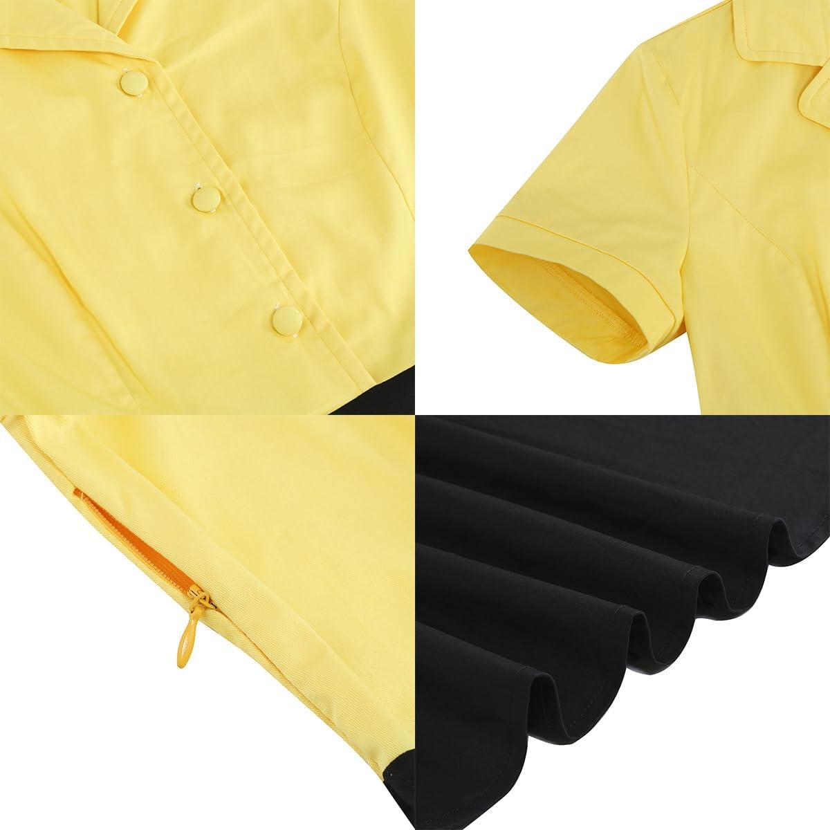 imageIDOPIP Women 50s Vintage Cocktail Party Swing Dress Audrey Hepburn Halloween Costume Elegant Short Sleeve Button Pinup DressYellow