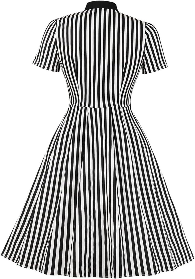 imageIDOPIP Women Black Striped Halloween Cosplay Costume Dress Elegant Tie Neck Midi Dress 1950s Vintage Cocktail Shirt DressBlack and White