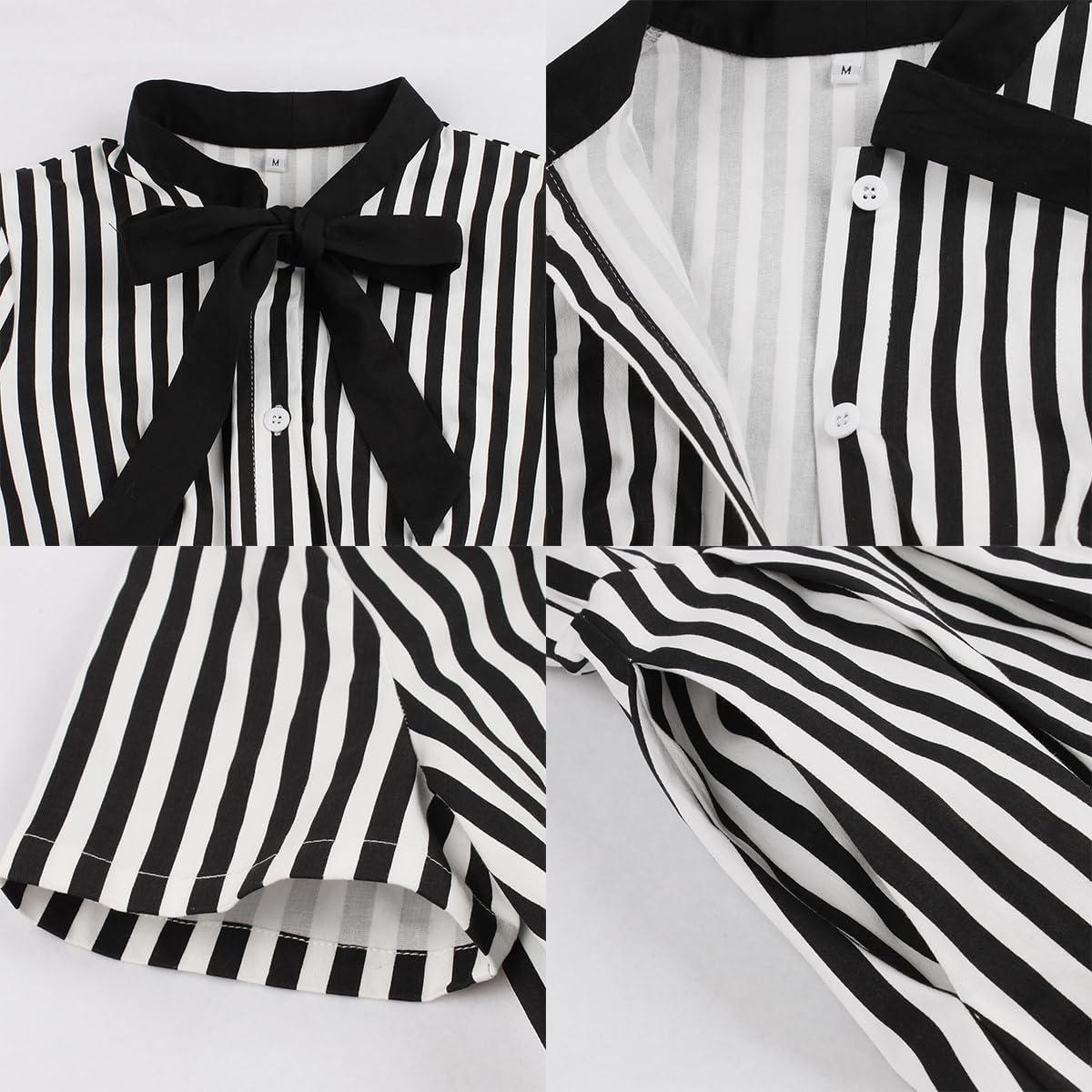 imageIDOPIP Women Black Striped Halloween Cosplay Costume Dress Elegant Tie Neck Midi Dress 1950s Vintage Cocktail Shirt DressBlack and White