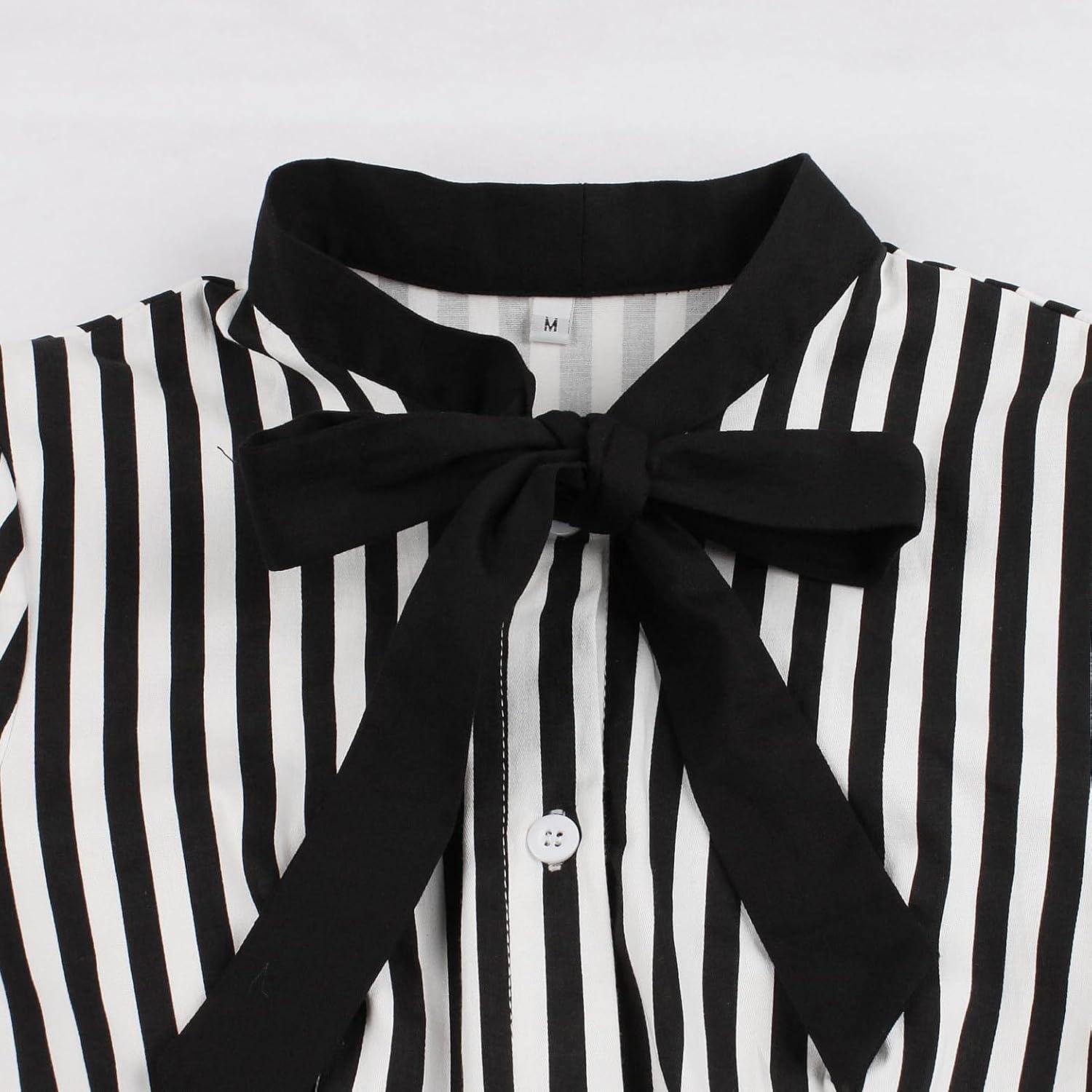 imageIDOPIP Women Black Striped Halloween Cosplay Costume Dress Elegant Tie Neck Midi Dress 1950s Vintage Cocktail Shirt DressBlack and White
