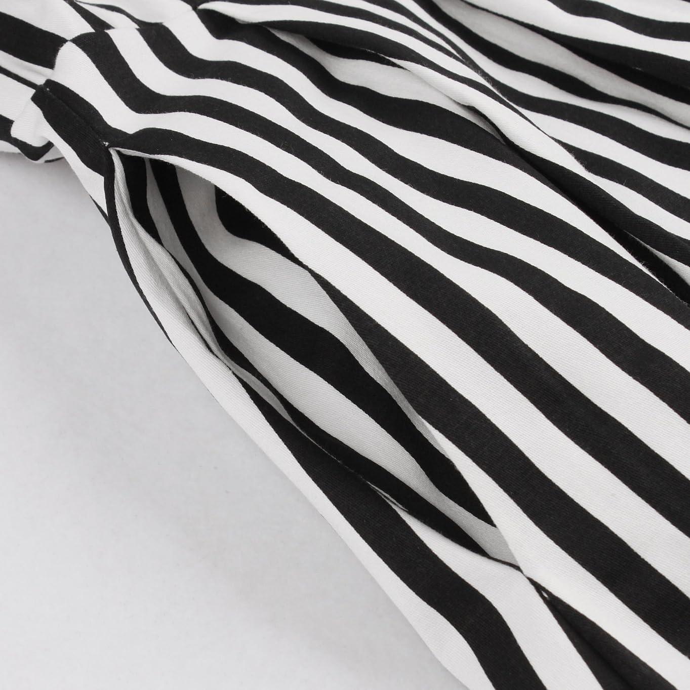 imageIDOPIP Women Black Striped Halloween Cosplay Costume Dress Elegant Tie Neck Midi Dress 1950s Vintage Cocktail Shirt DressBlack and White