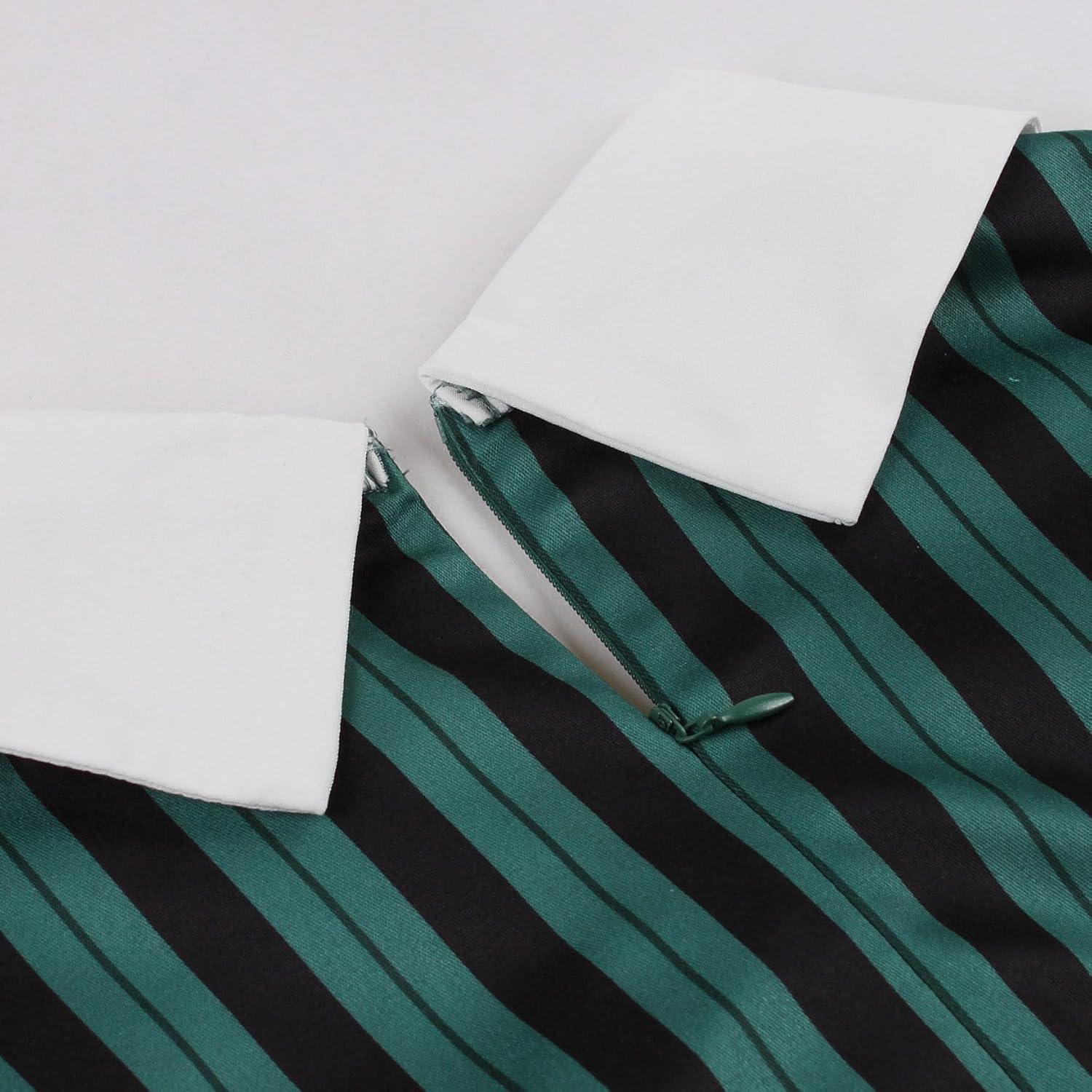 imageIDOPIP Women Black Striped Halloween Cosplay Costume Dress Elegant Tie Neck Midi Dress 1950s Vintage Cocktail Shirt DressDark Green