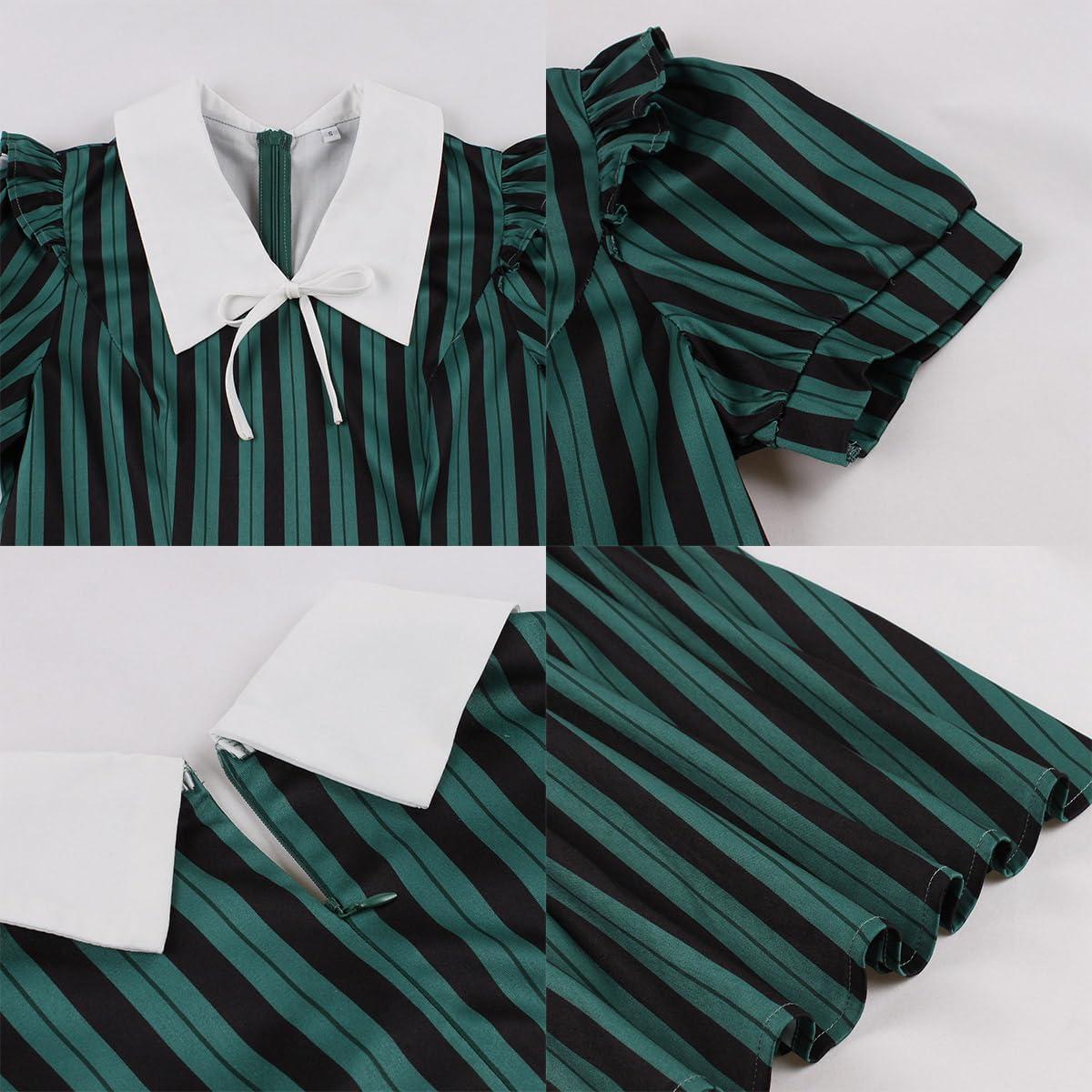 imageIDOPIP Women Black Striped Halloween Cosplay Costume Dress Elegant Tie Neck Midi Dress 1950s Vintage Cocktail Shirt DressDark Green