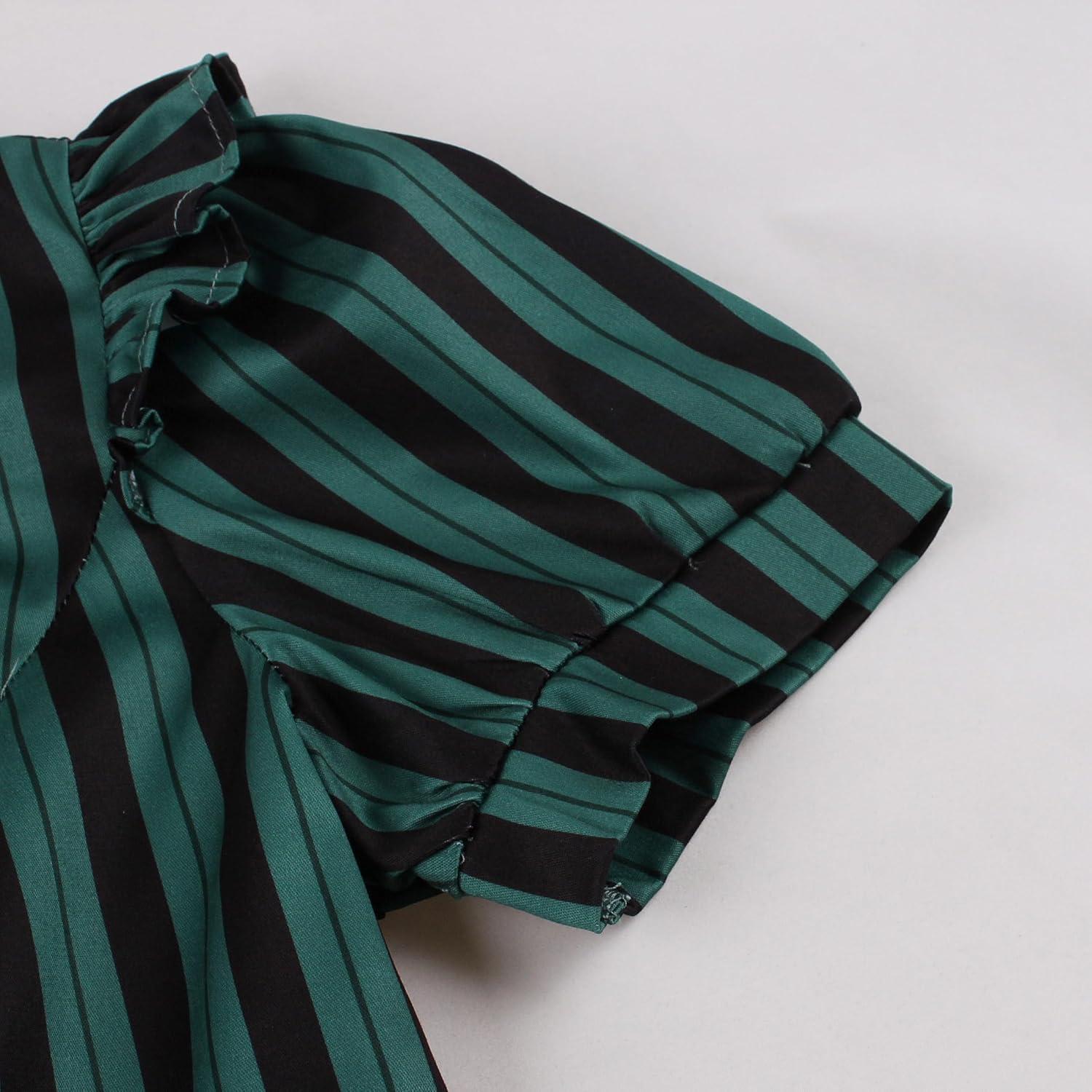 imageIDOPIP Women Black Striped Halloween Cosplay Costume Dress Elegant Tie Neck Midi Dress 1950s Vintage Cocktail Shirt DressDark Green