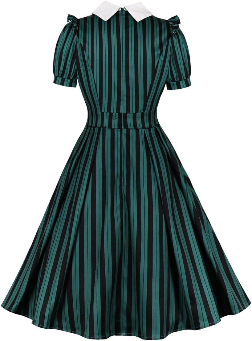imageIDOPIP Women Black Striped Halloween Cosplay Costume Dress Elegant Tie Neck Midi Dress 1950s Vintage Cocktail Shirt DressDark Green
