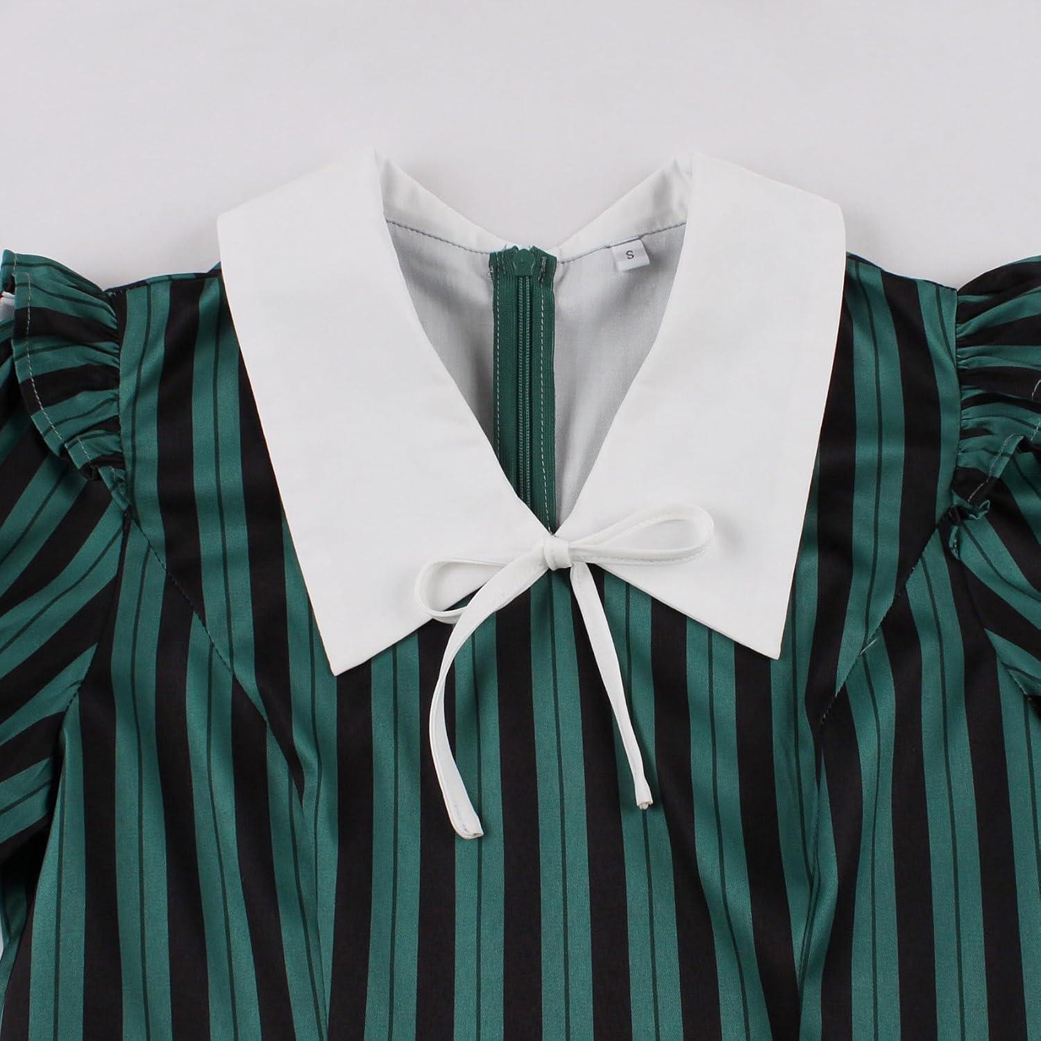 imageIDOPIP Women Black Striped Halloween Cosplay Costume Dress Elegant Tie Neck Midi Dress 1950s Vintage Cocktail Shirt DressDark Green