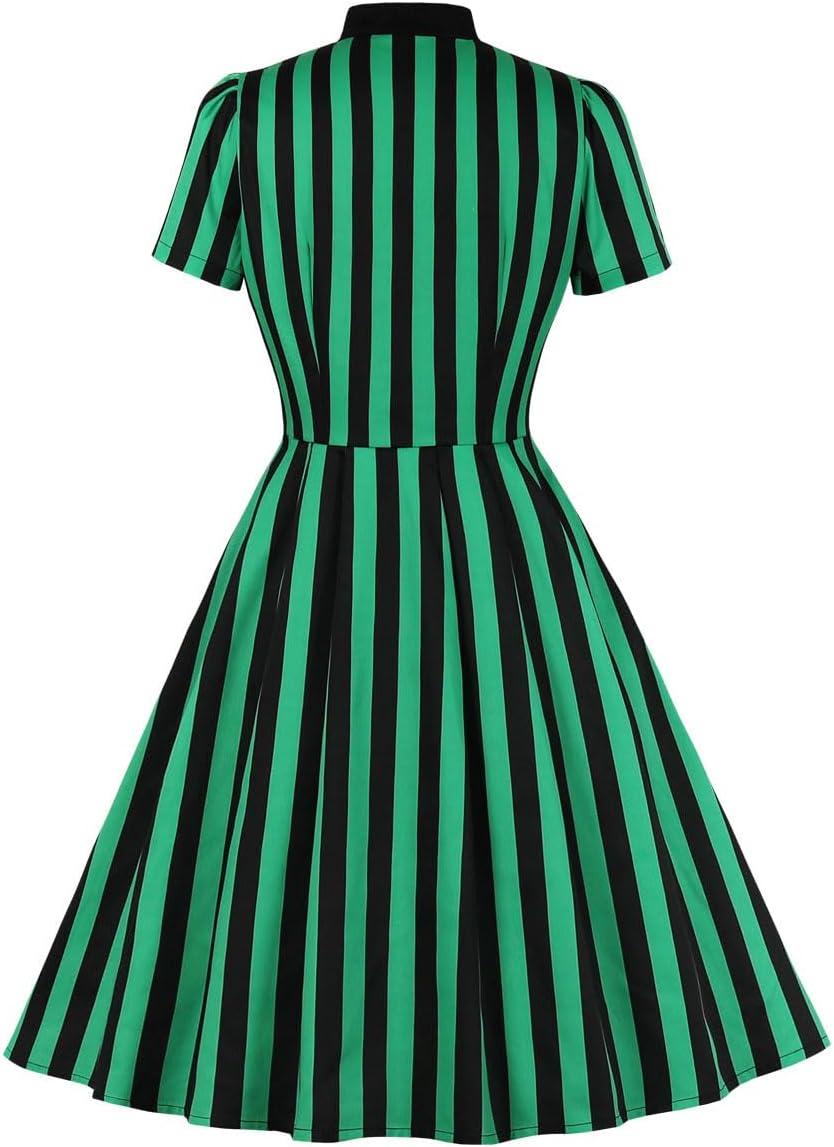 imageIDOPIP Women Black Striped Halloween Cosplay Costume Dress Elegant Tie Neck Midi Dress 1950s Vintage Cocktail Shirt DressGreen