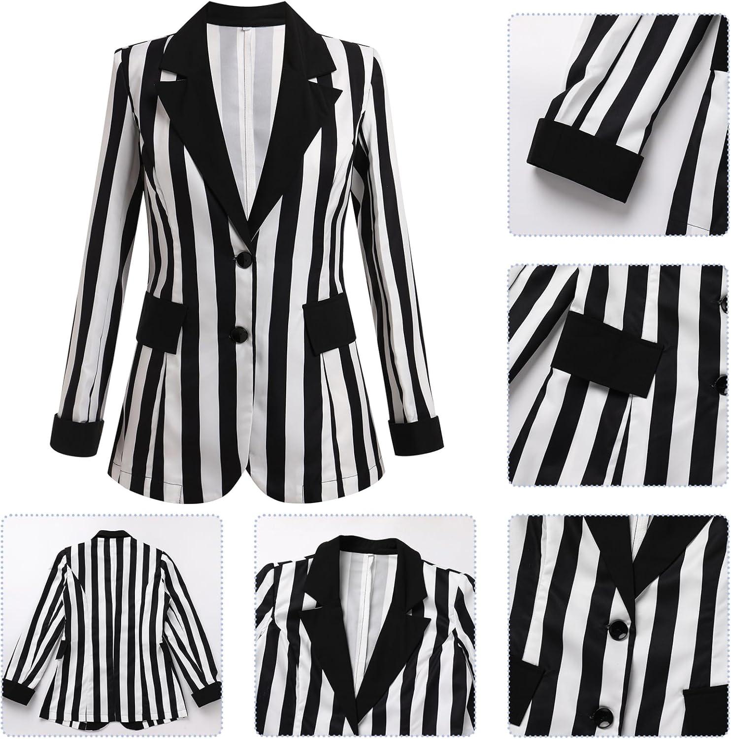 imageIDOPIP Women Black and White Striped Blazer Halloween Costume Outfit Cosplay Jacket Long Sleeve Open Front Cardigan SuitBlack and White