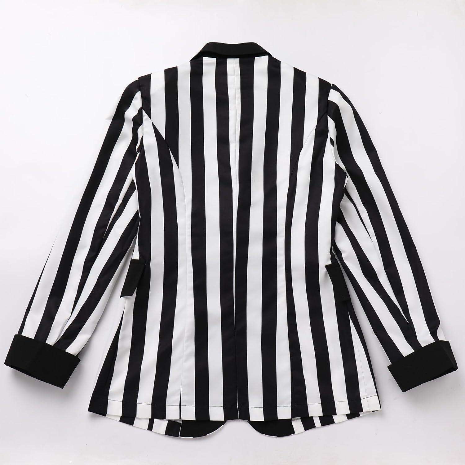 imageIDOPIP Women Black and White Striped Blazer Halloween Costume Outfit Cosplay Jacket Long Sleeve Open Front Cardigan SuitBlack and White