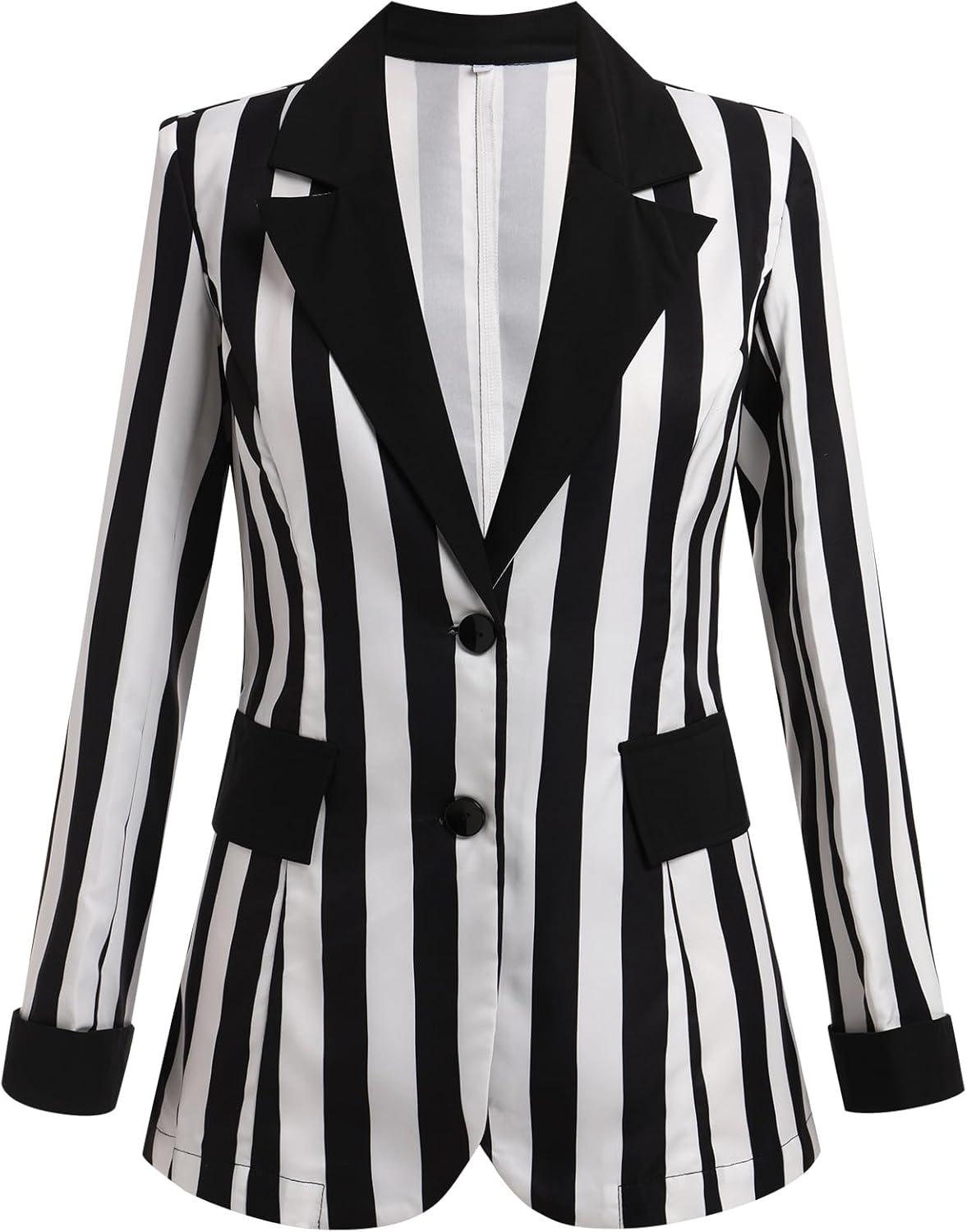imageIDOPIP Women Black and White Striped Blazer Halloween Costume Outfit Cosplay Jacket Long Sleeve Open Front Cardigan SuitBlack and White