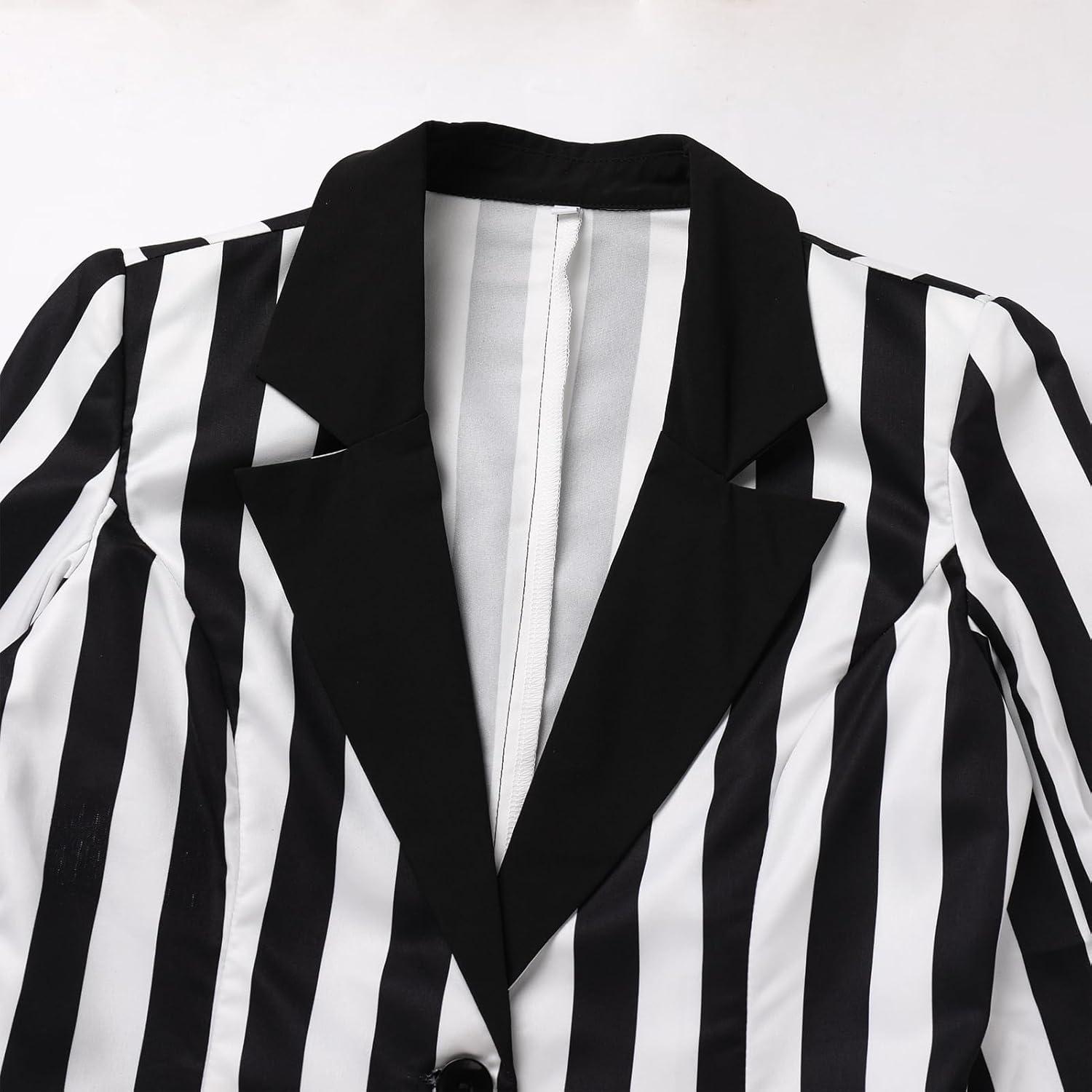 imageIDOPIP Women Black and White Striped Blazer Halloween Costume Outfit Cosplay Jacket Long Sleeve Open Front Cardigan SuitBlack and White