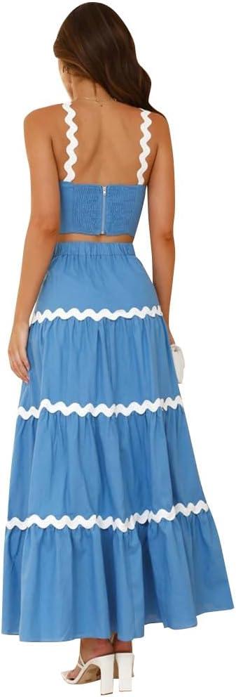 imageIDOPIP Women Boho Summer Camisole Top with Tiered Flowy Maxi Skirt Casual Contrast Rickrack Trim Spaghetti Straps 2PCS OutfitBlue