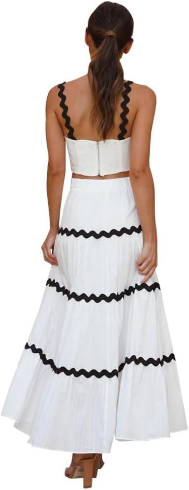 imageIDOPIP Women Boho Summer Camisole Top with Tiered Flowy Maxi Skirt Casual Contrast Rickrack Trim Spaghetti Straps 2PCS OutfitWhiteblack