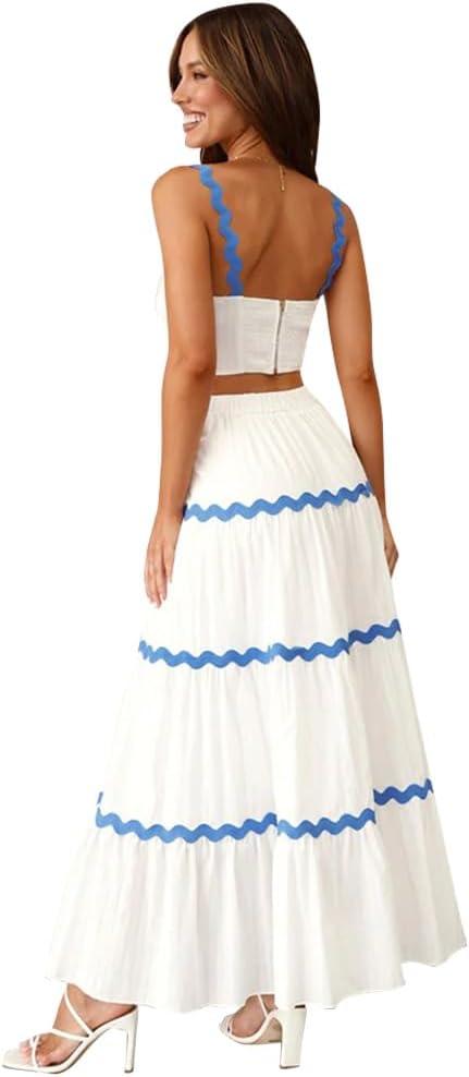imageIDOPIP Women Boho Summer Camisole Top with Tiered Flowy Maxi Skirt Casual Contrast Rickrack Trim Spaghetti Straps 2PCS OutfitWhiteblue