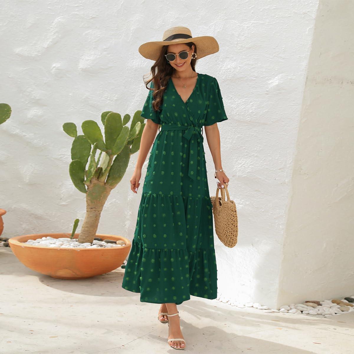 imageIDOPIP Women Casual Swiss Dot Tiered Maxi Dress with Belt Beach Summer Wedding Guest Sundress Elegant Cocktail Evening Outfit