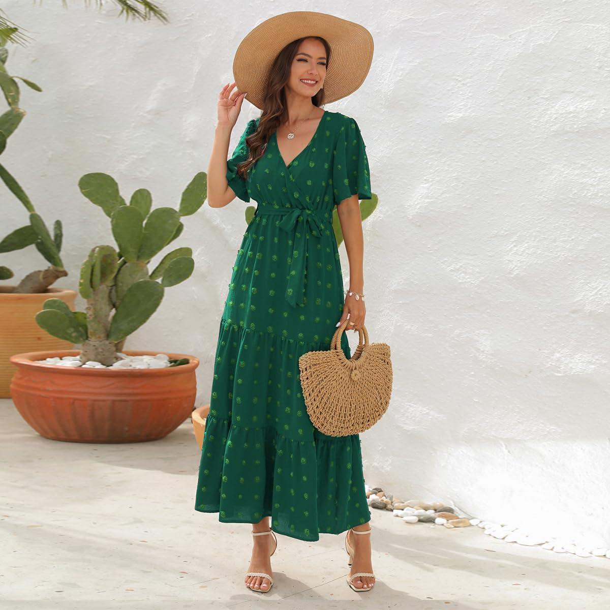 imageIDOPIP Women Casual Swiss Dot Tiered Maxi Dress with Belt Beach Summer Wedding Guest Sundress Elegant Cocktail Evening Outfit