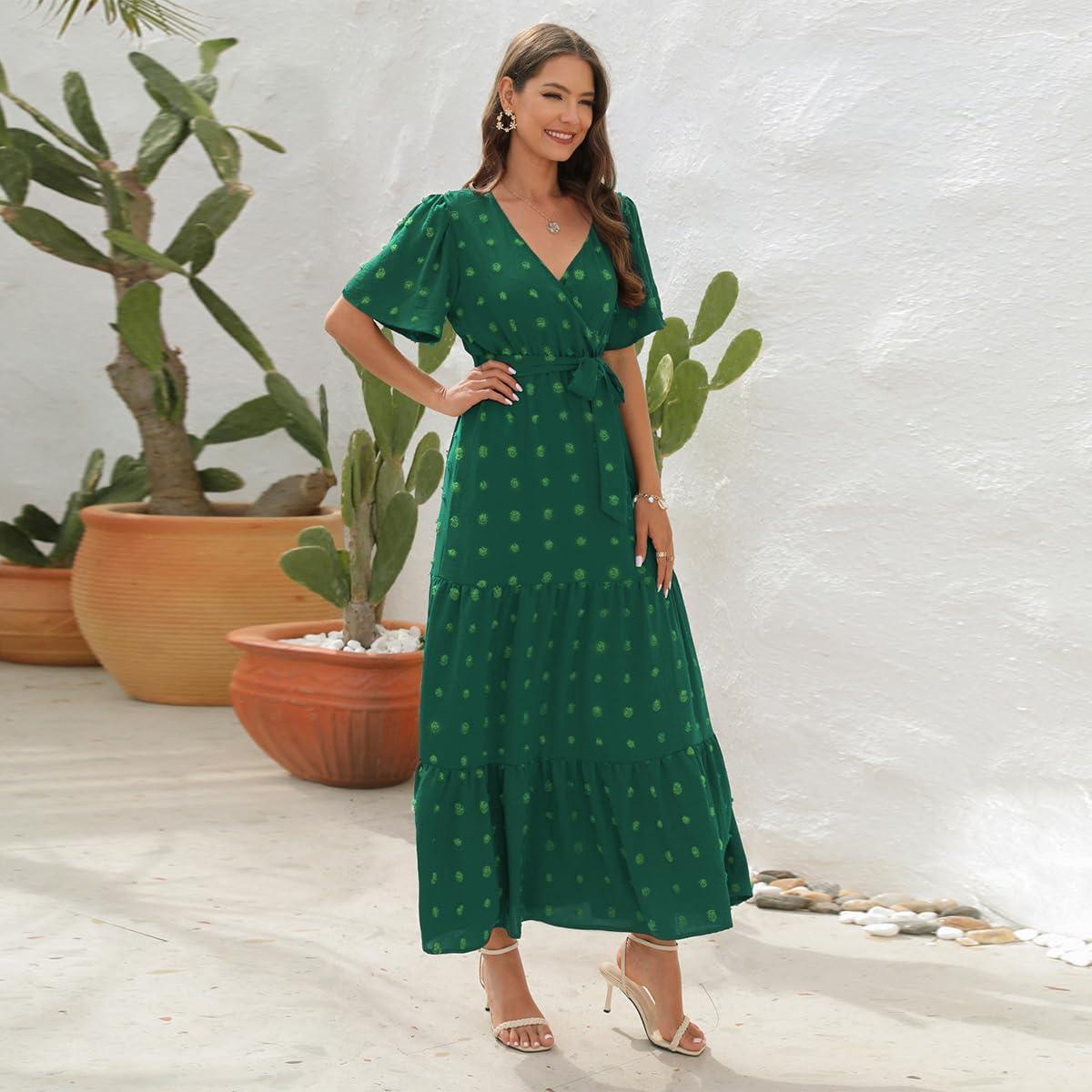 imageIDOPIP Women Casual Swiss Dot Tiered Maxi Dress with Belt Beach Summer Wedding Guest Sundress Elegant Cocktail Evening Outfit