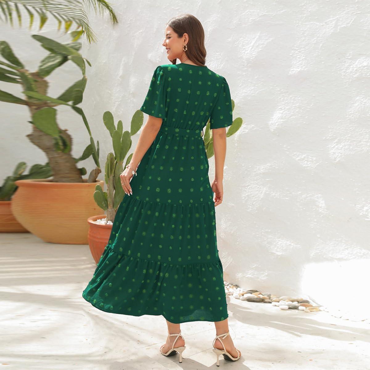 imageIDOPIP Women Casual Swiss Dot Tiered Maxi Dress with Belt Beach Summer Wedding Guest Sundress Elegant Cocktail Evening Outfit
