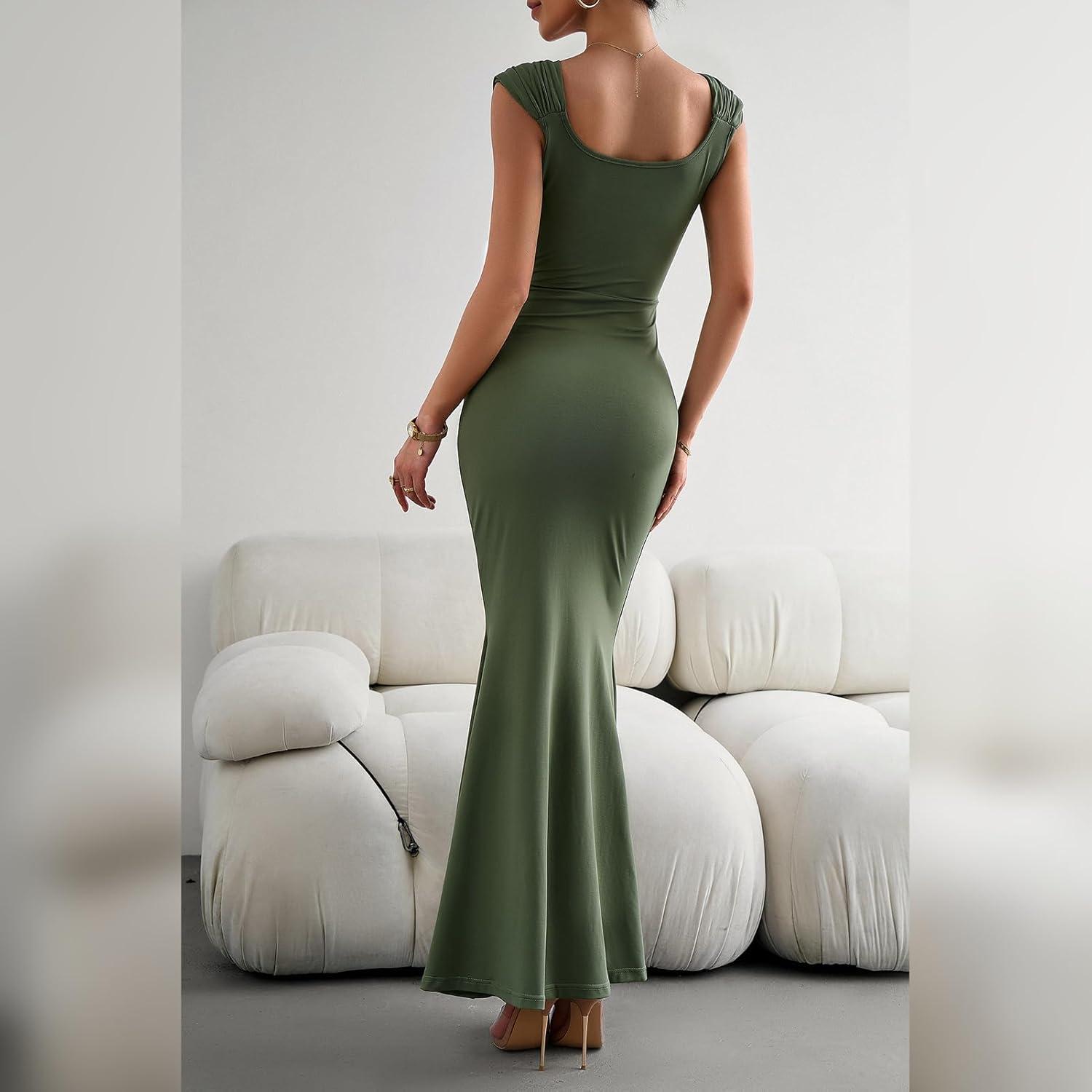 imageIDOPIP Women Elegant Mermaid Hem Bodycon Maxi Dress Square Neck Evening Party Gown Prom Wedding Guest Fishtail Cocktail DressGreen