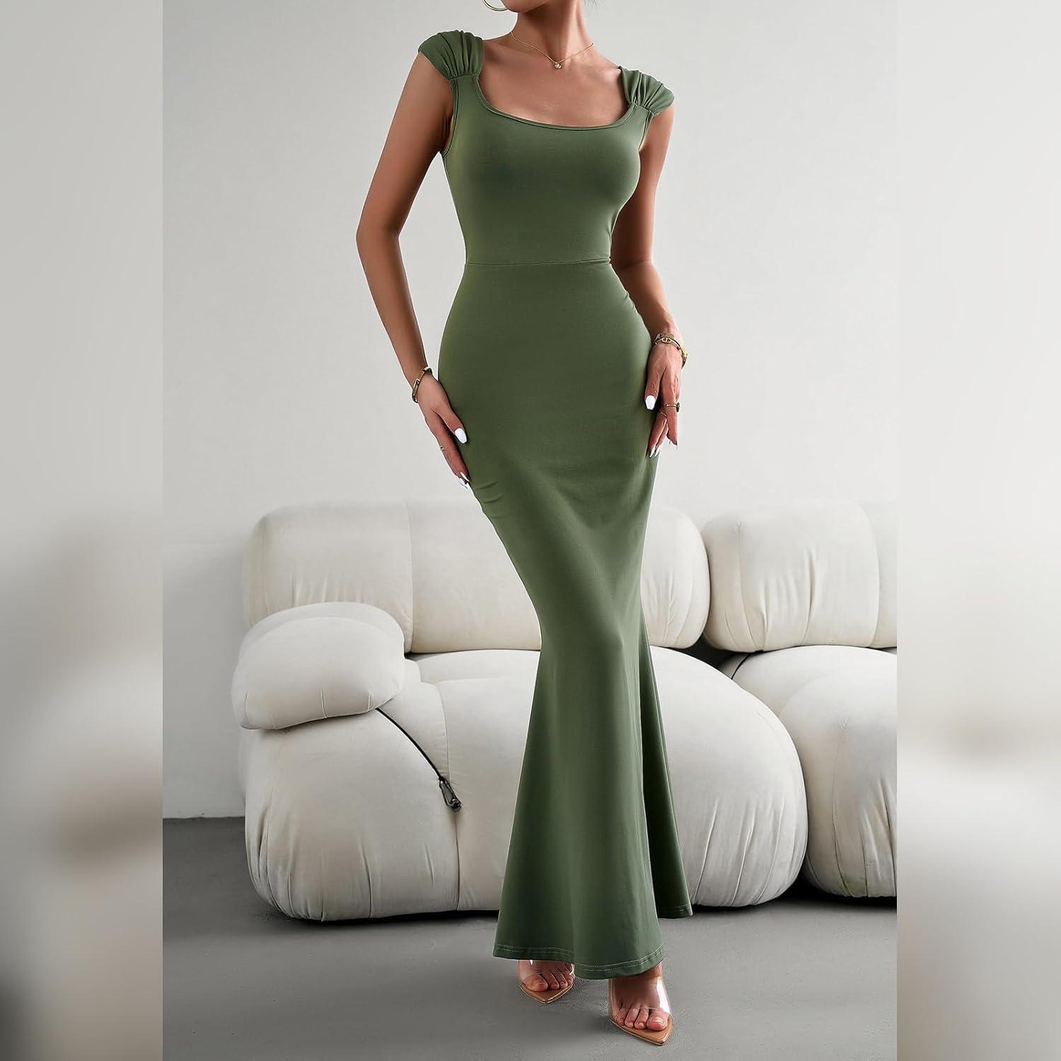 imageIDOPIP Women Elegant Mermaid Hem Bodycon Maxi Dress Square Neck Evening Party Gown Prom Wedding Guest Fishtail Cocktail DressGreen