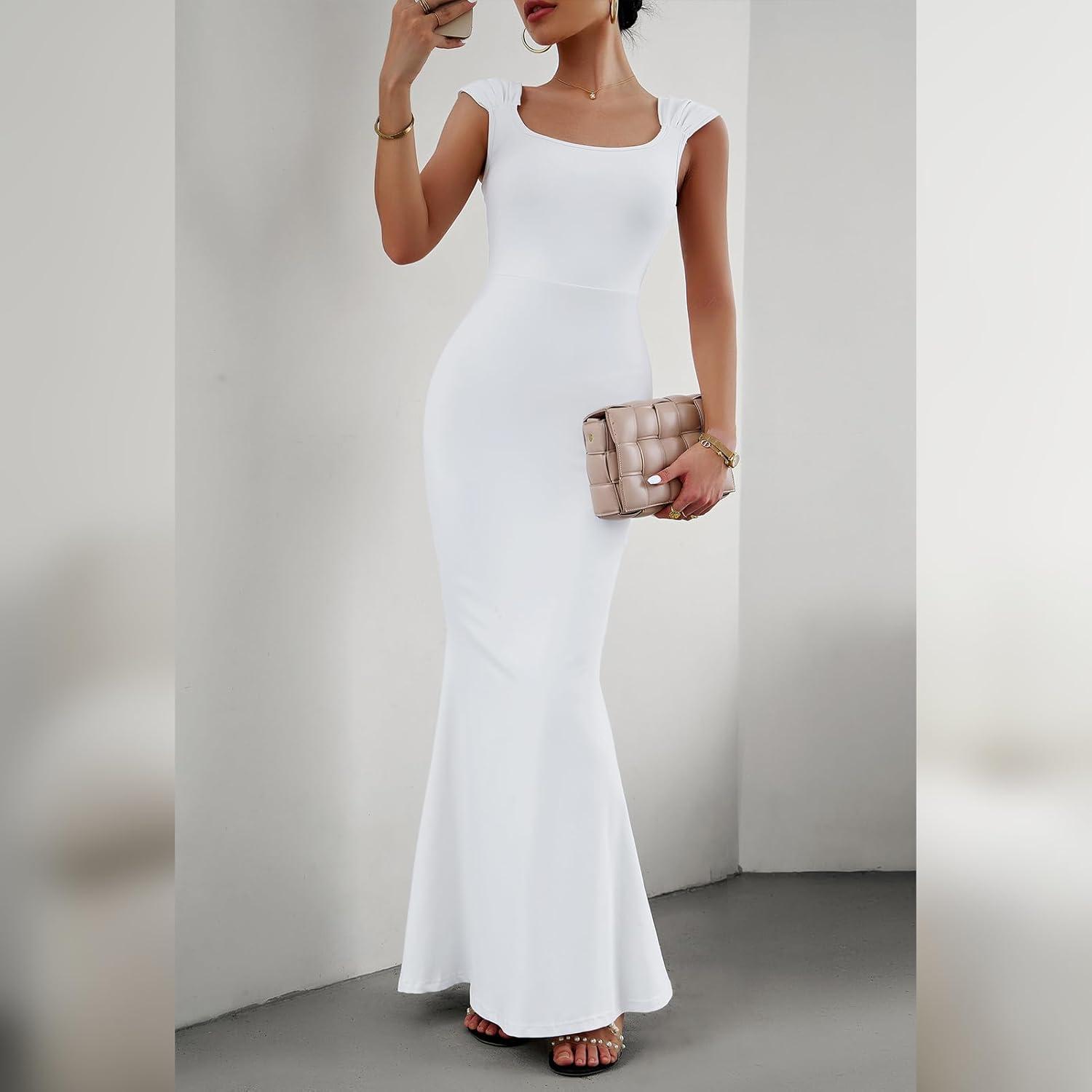 imageIDOPIP Women Elegant Mermaid Hem Bodycon Maxi Dress Square Neck Evening Party Gown Prom Wedding Guest Fishtail Cocktail DressWhite