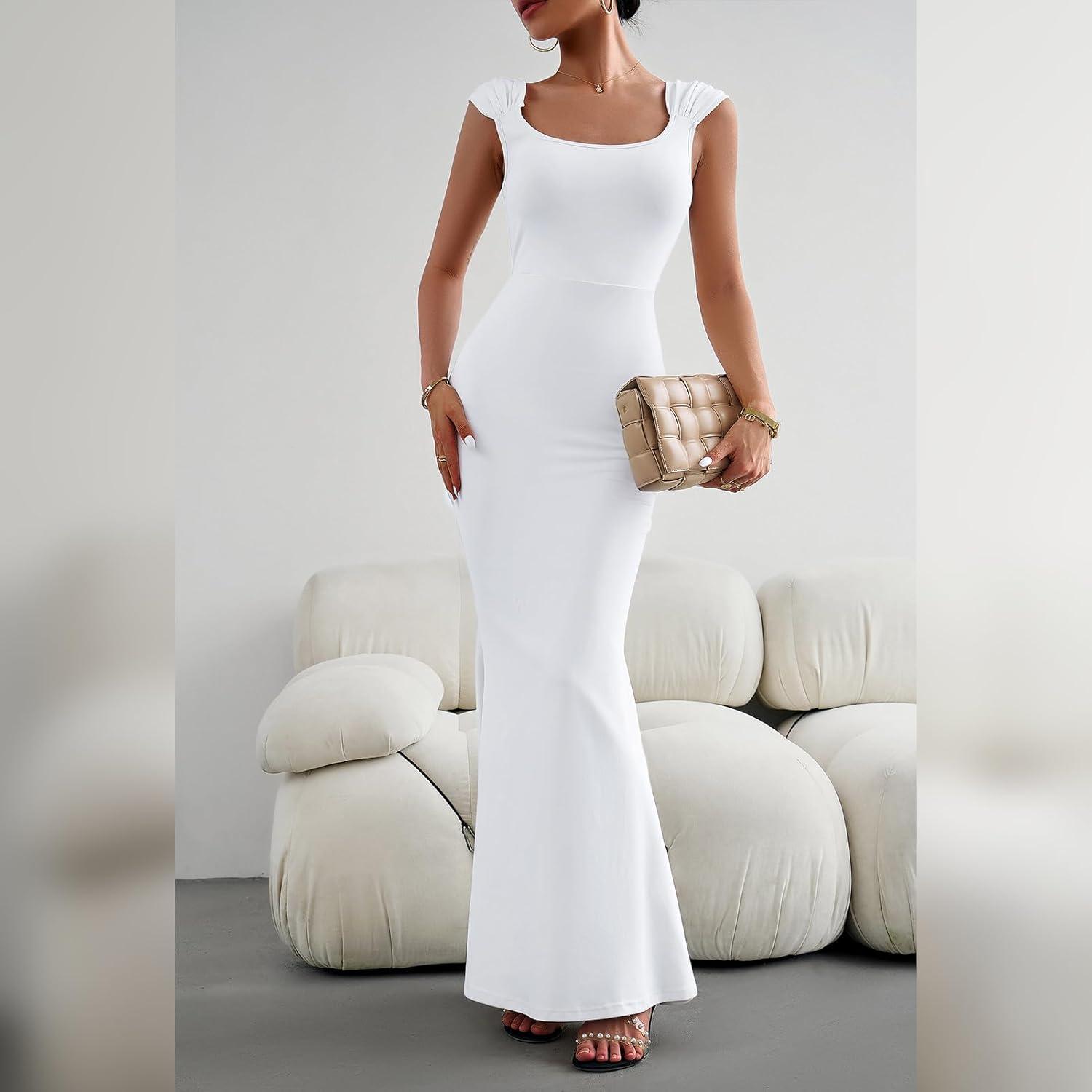imageIDOPIP Women Elegant Mermaid Hem Bodycon Maxi Dress Square Neck Evening Party Gown Prom Wedding Guest Fishtail Cocktail DressWhite