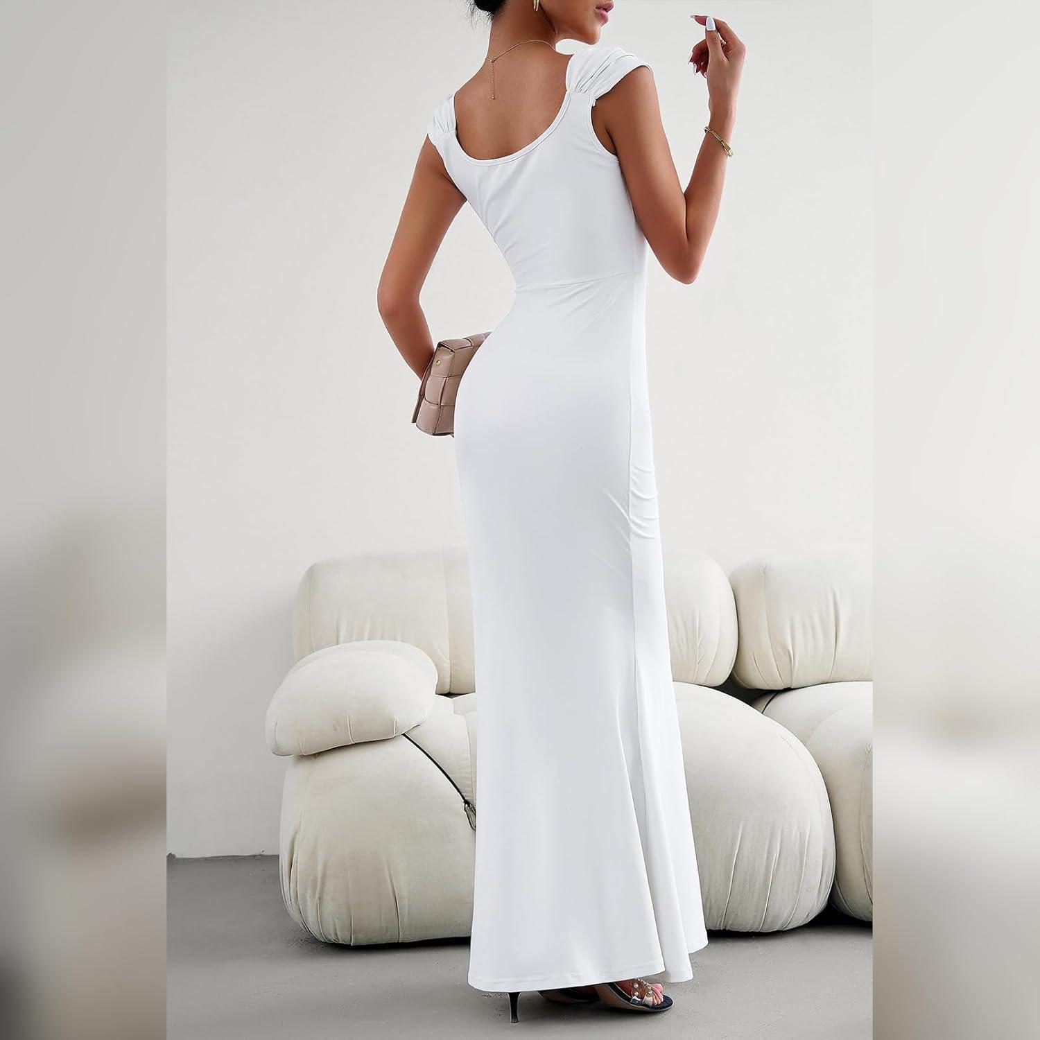 imageIDOPIP Women Elegant Mermaid Hem Bodycon Maxi Dress Square Neck Evening Party Gown Prom Wedding Guest Fishtail Cocktail DressWhite