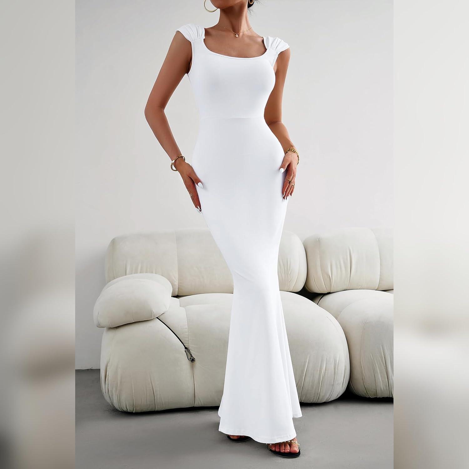 imageIDOPIP Women Elegant Mermaid Hem Bodycon Maxi Dress Square Neck Evening Party Gown Prom Wedding Guest Fishtail Cocktail DressWhite