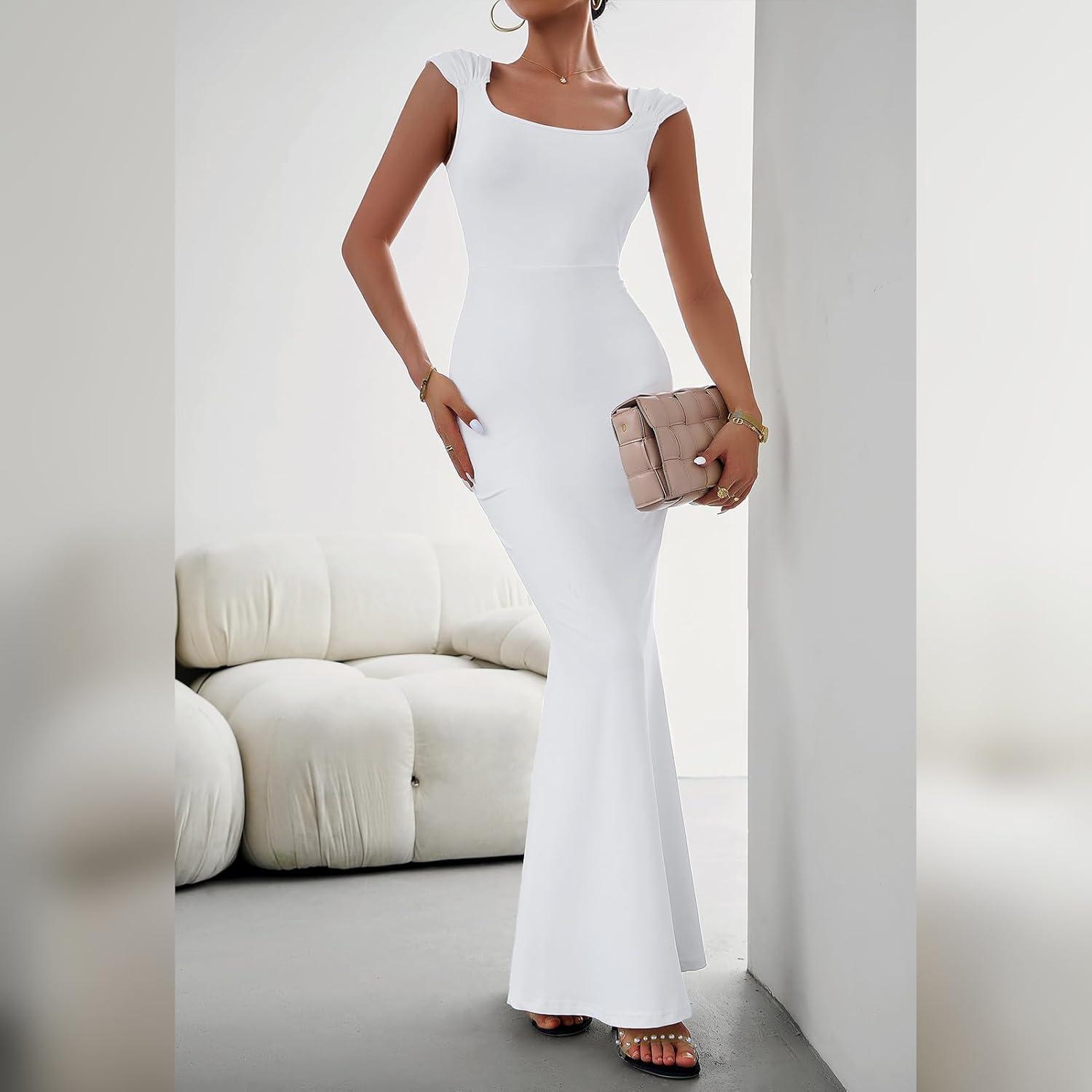 imageIDOPIP Women Elegant Mermaid Hem Bodycon Maxi Dress Square Neck Evening Party Gown Prom Wedding Guest Fishtail Cocktail DressWhite