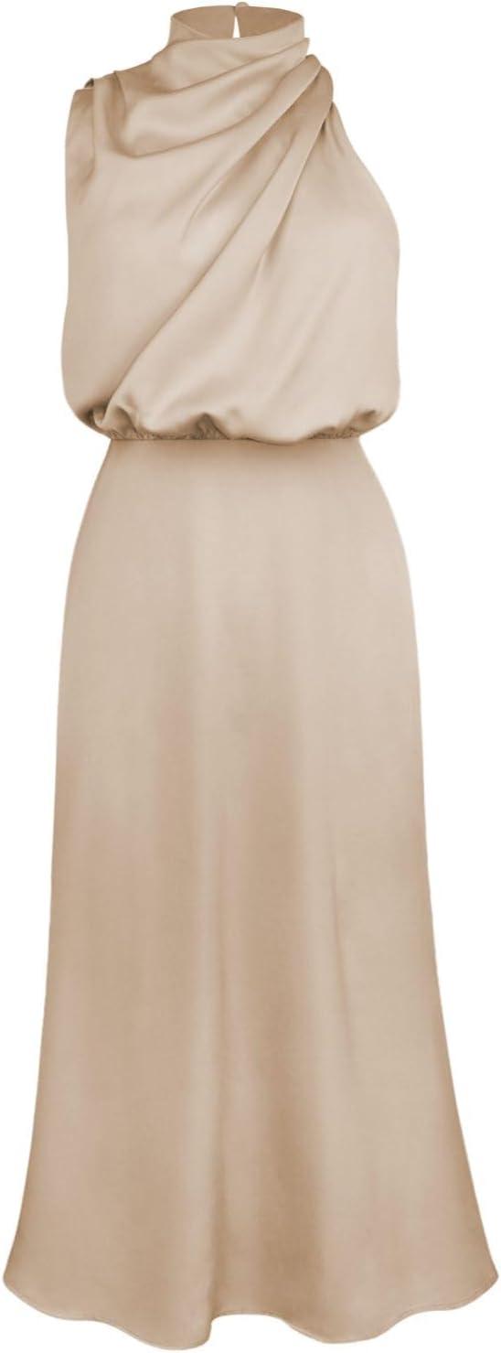 imageIDOPIP Women Elegant Satin Dress Sleeveless Halter Prom Party Gown Cocktail Bridesmaid Wedding Guest Outfit Formal Maxi DressApricot