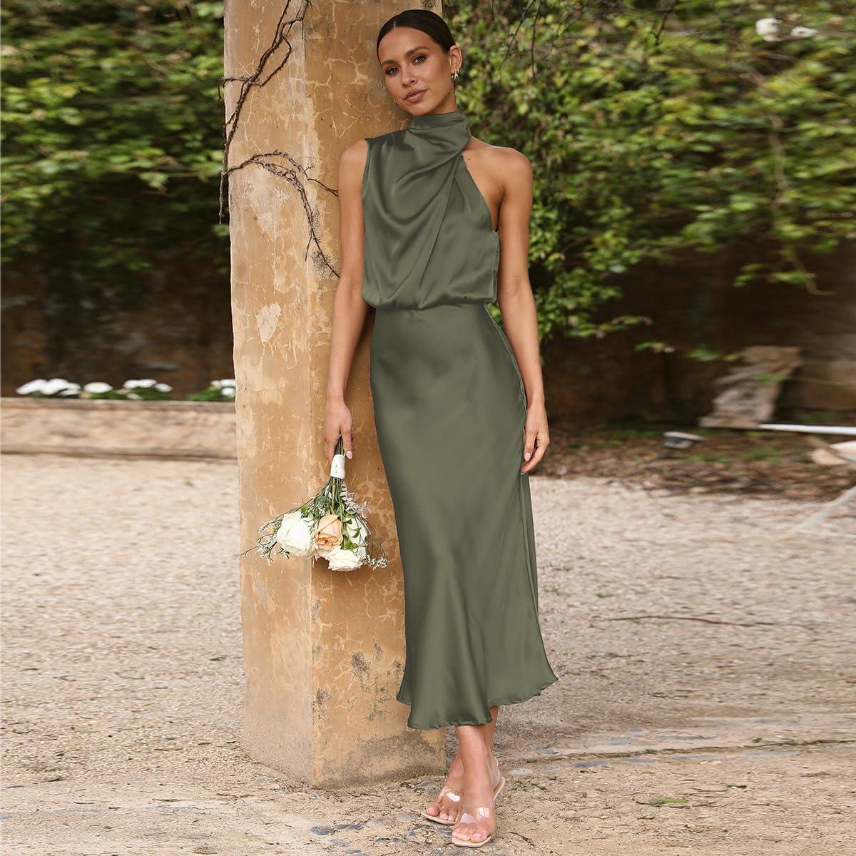 imageIDOPIP Women Elegant Satin Dress Sleeveless Halter Prom Party Gown Cocktail Bridesmaid Wedding Guest Outfit Formal Maxi DressArmy Green