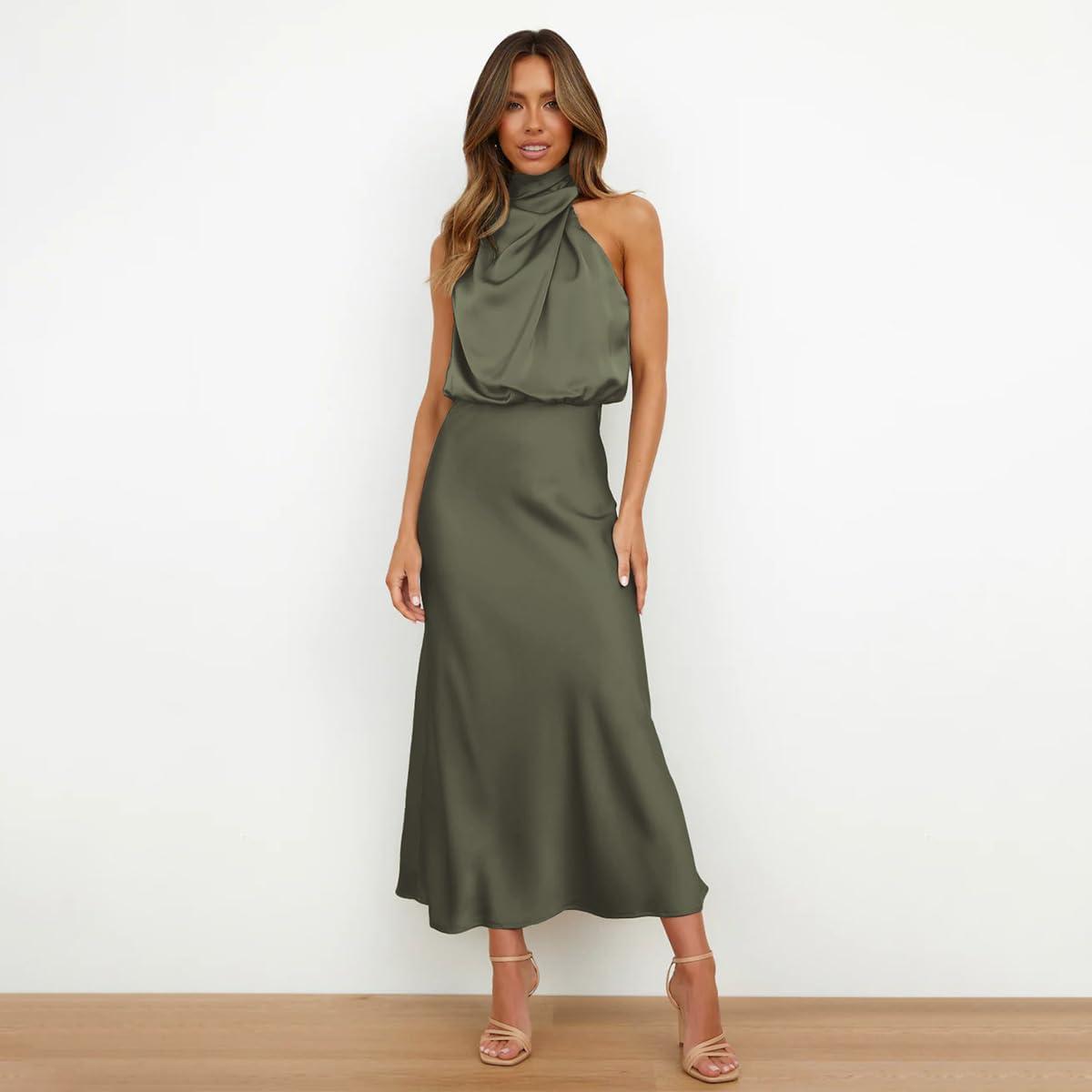 imageIDOPIP Women Elegant Satin Dress Sleeveless Halter Prom Party Gown Cocktail Bridesmaid Wedding Guest Outfit Formal Maxi DressArmy Green