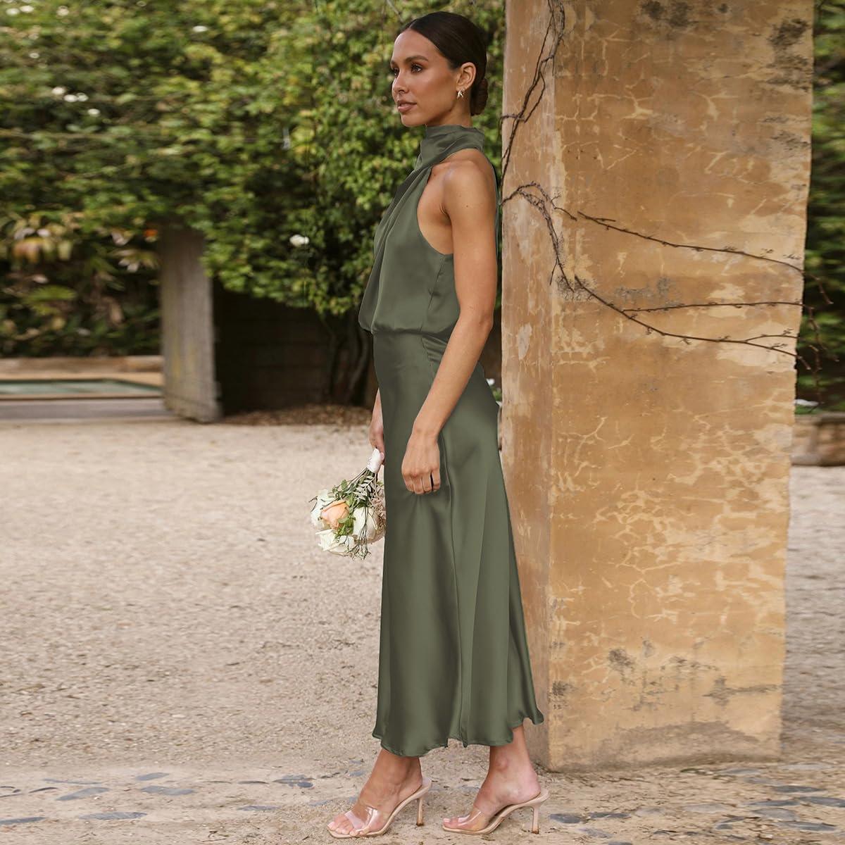 imageIDOPIP Women Elegant Satin Dress Sleeveless Halter Prom Party Gown Cocktail Bridesmaid Wedding Guest Outfit Formal Maxi DressArmy Green