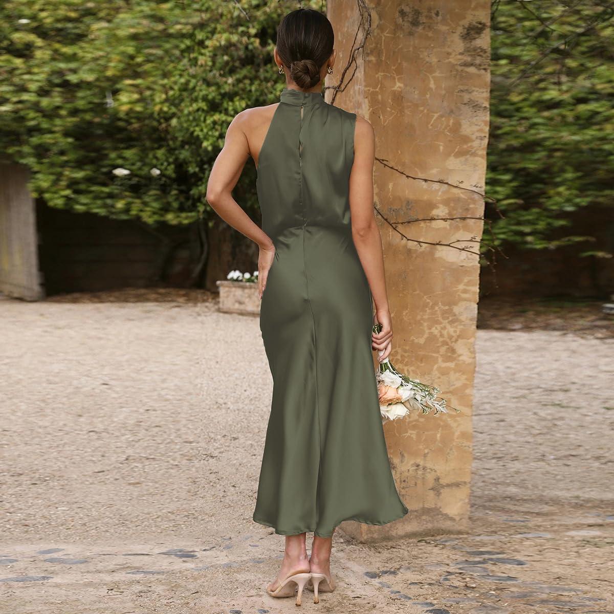 imageIDOPIP Women Elegant Satin Dress Sleeveless Halter Prom Party Gown Cocktail Bridesmaid Wedding Guest Outfit Formal Maxi DressArmy Green