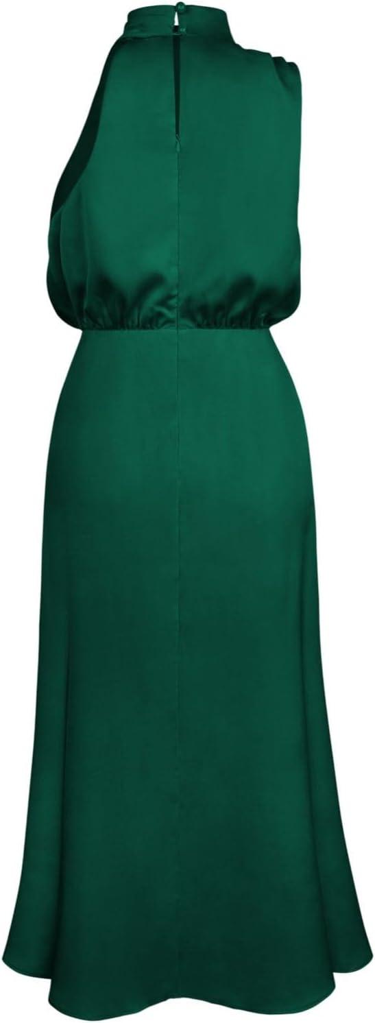 imageIDOPIP Women Elegant Satin Dress Sleeveless Halter Prom Party Gown Cocktail Bridesmaid Wedding Guest Outfit Formal Maxi DressGreen