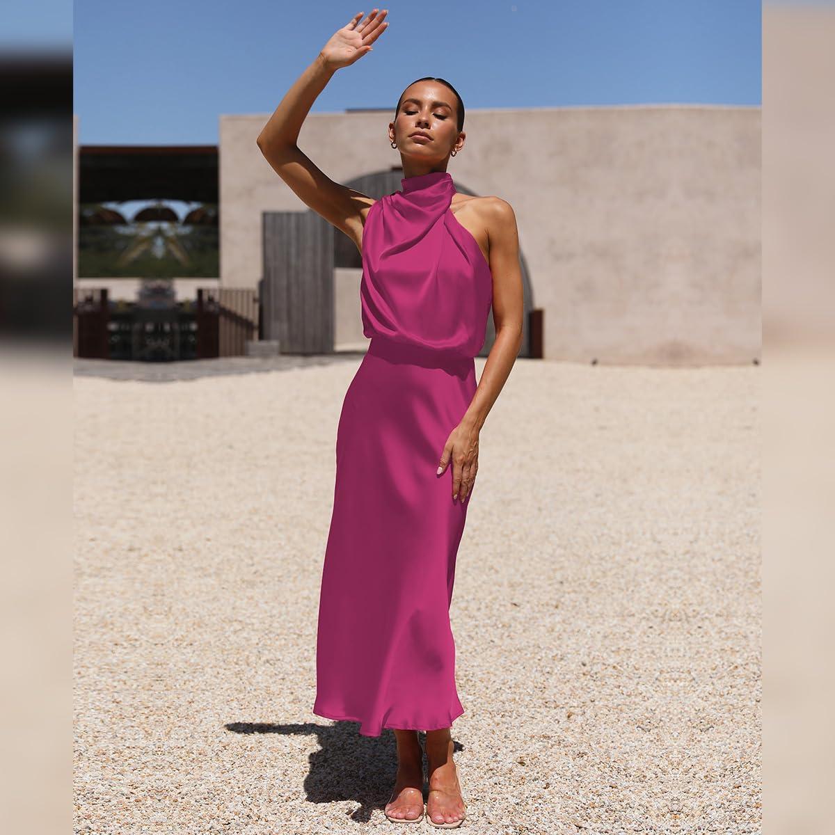 imageIDOPIP Women Elegant Satin Dress Sleeveless Halter Prom Party Gown Cocktail Bridesmaid Wedding Guest Outfit Formal Maxi DressHot Pink