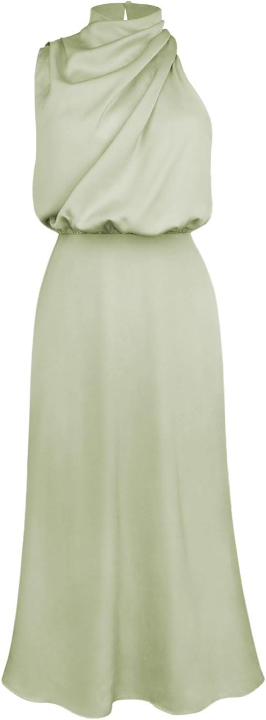 imageIDOPIP Women Elegant Satin Dress Sleeveless Halter Prom Party Gown Cocktail Bridesmaid Wedding Guest Outfit Formal Maxi DressLight Green
