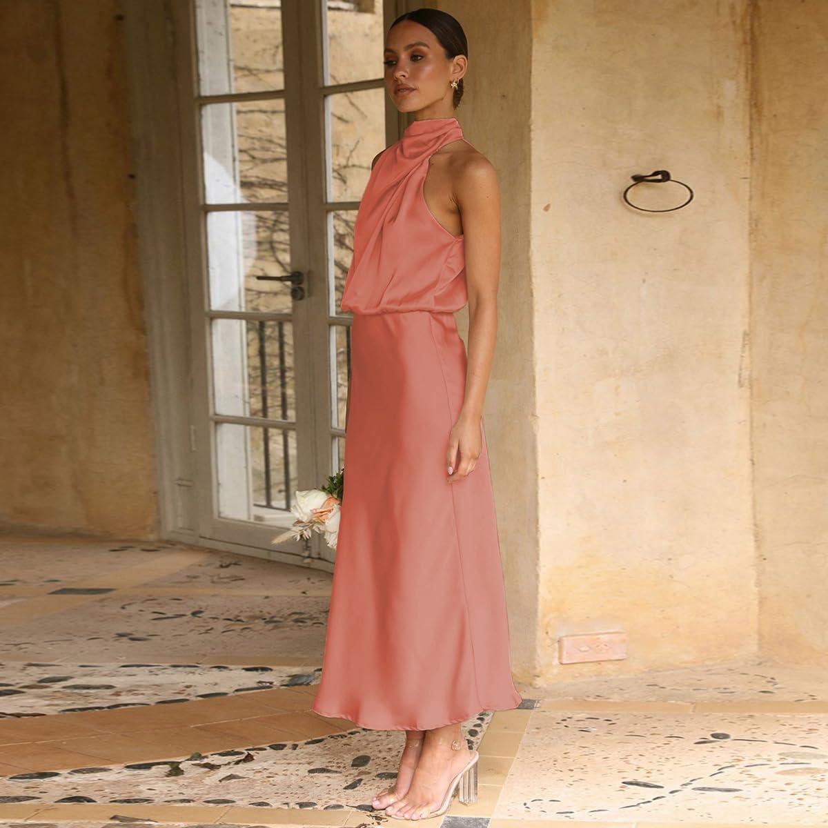 imageIDOPIP Women Elegant Satin Dress Sleeveless Halter Prom Party Gown Cocktail Bridesmaid Wedding Guest Outfit Formal Maxi DressOrange Pink
