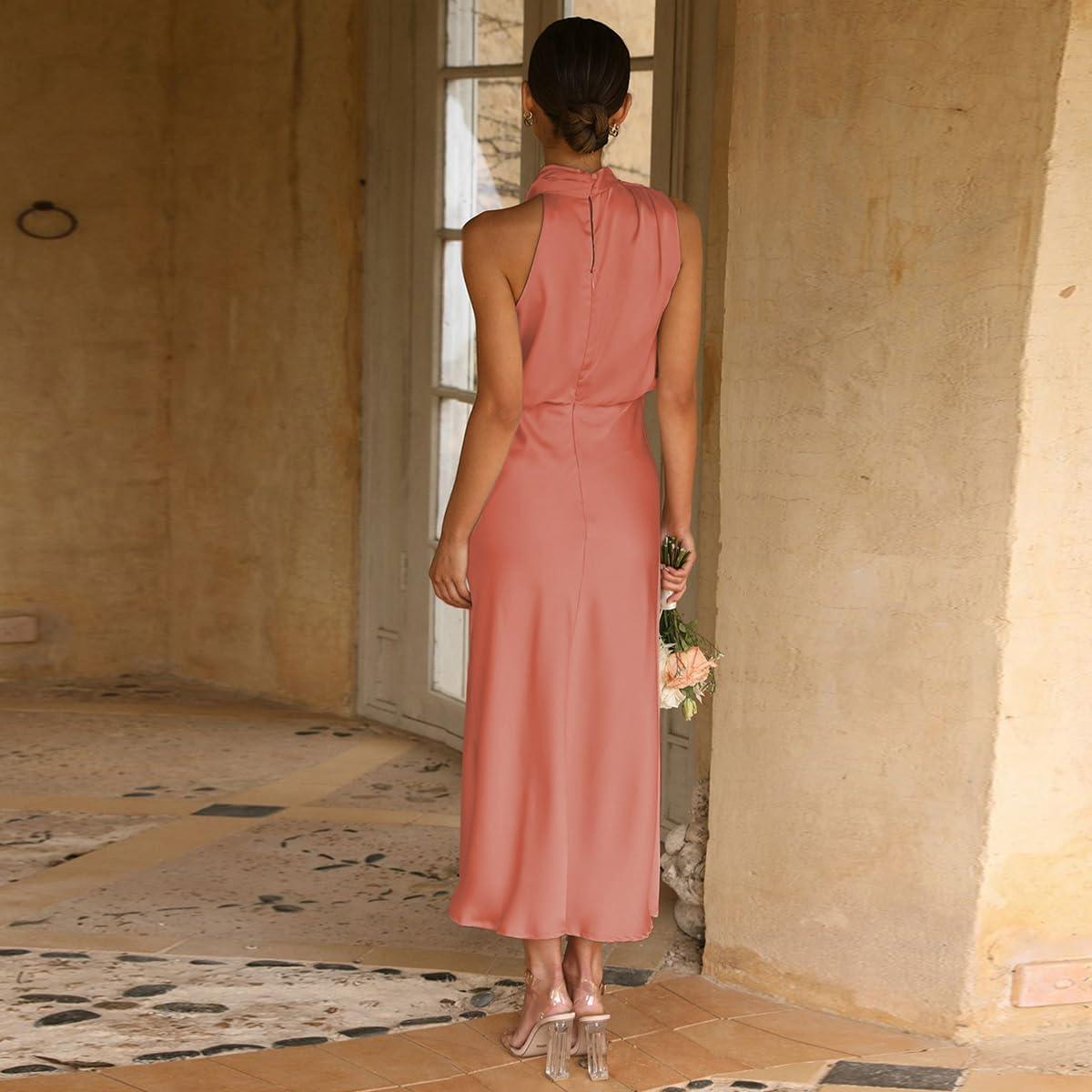 imageIDOPIP Women Elegant Satin Dress Sleeveless Halter Prom Party Gown Cocktail Bridesmaid Wedding Guest Outfit Formal Maxi DressOrange Pink