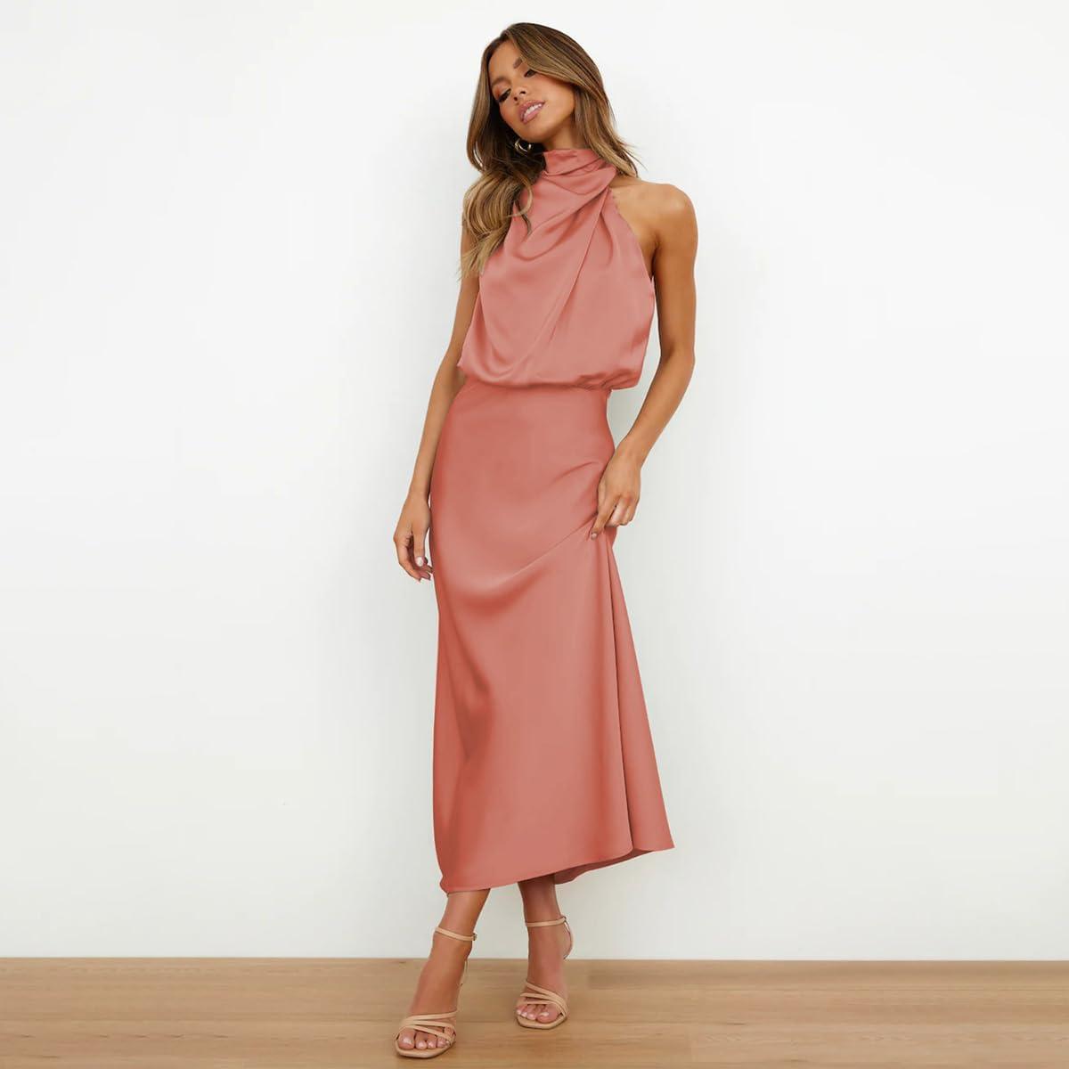 imageIDOPIP Women Elegant Satin Dress Sleeveless Halter Prom Party Gown Cocktail Bridesmaid Wedding Guest Outfit Formal Maxi DressOrange Pink