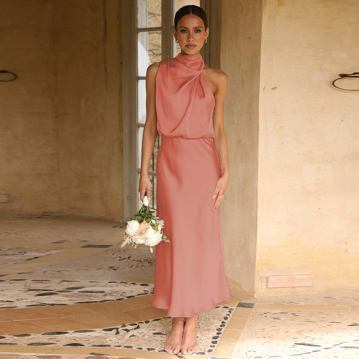 imageIDOPIP Women Elegant Satin Dress Sleeveless Halter Prom Party Gown Cocktail Bridesmaid Wedding Guest Outfit Formal Maxi DressOrange Pink