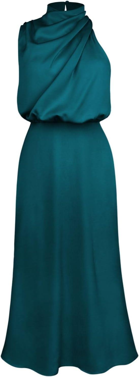 imageIDOPIP Women Elegant Satin Dress Sleeveless Halter Prom Party Gown Cocktail Bridesmaid Wedding Guest Outfit Formal Maxi DressPeacock Blue