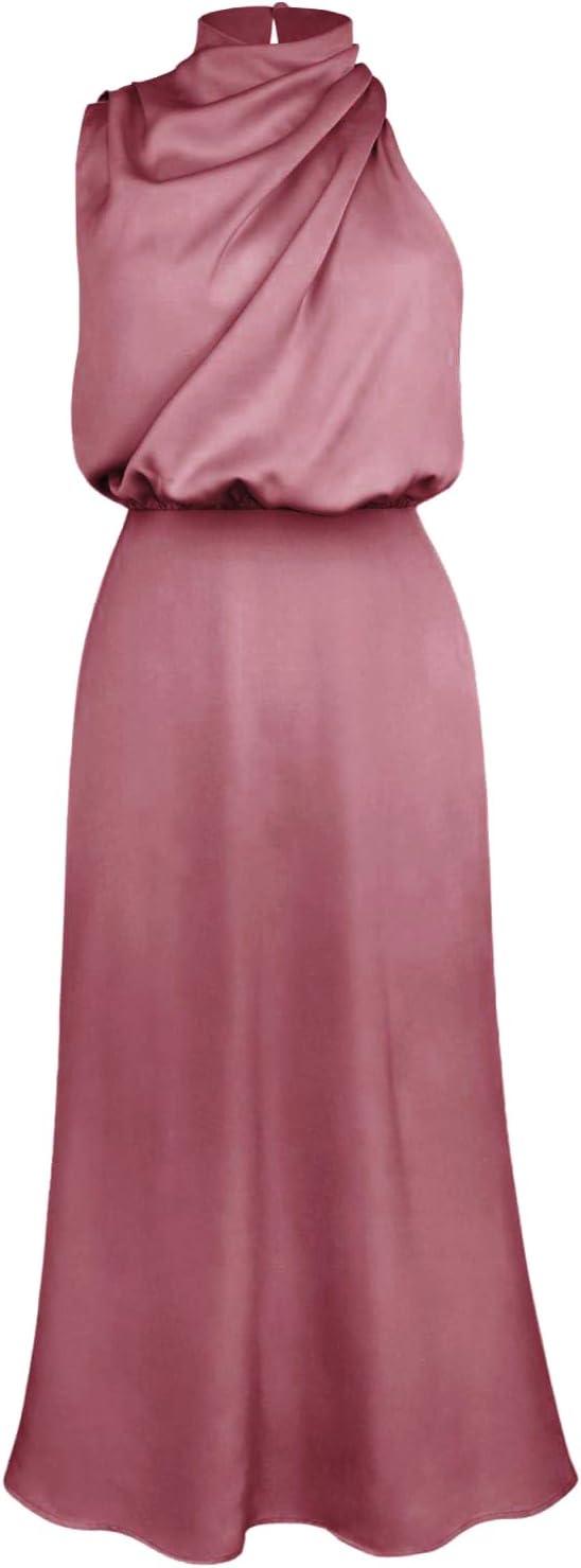 imageIDOPIP Women Elegant Satin Dress Sleeveless Halter Prom Party Gown Cocktail Bridesmaid Wedding Guest Outfit Formal Maxi DressPink